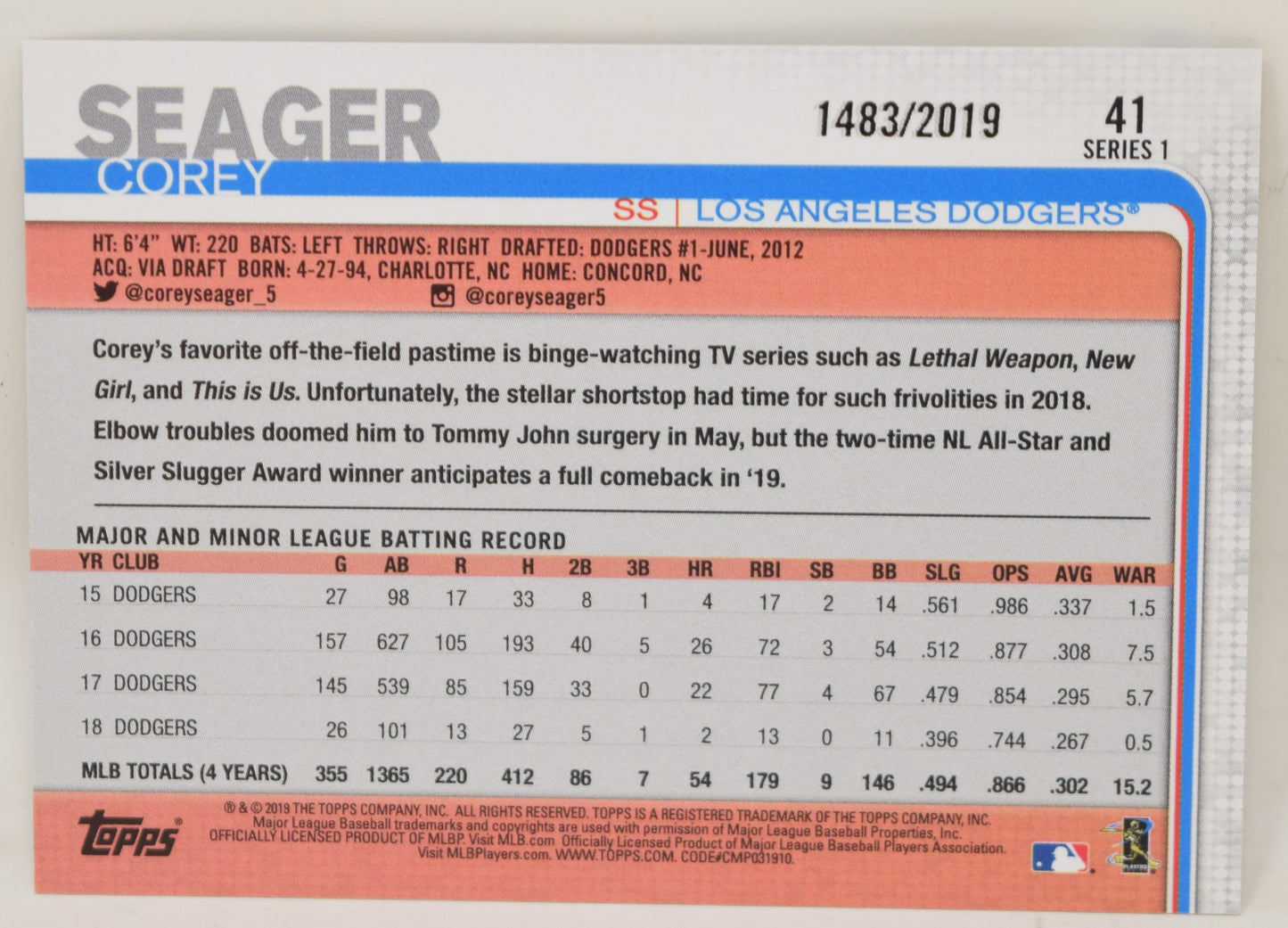 Corey Seager Topps 2019 Baseball Card Gold Parallel /2019 41