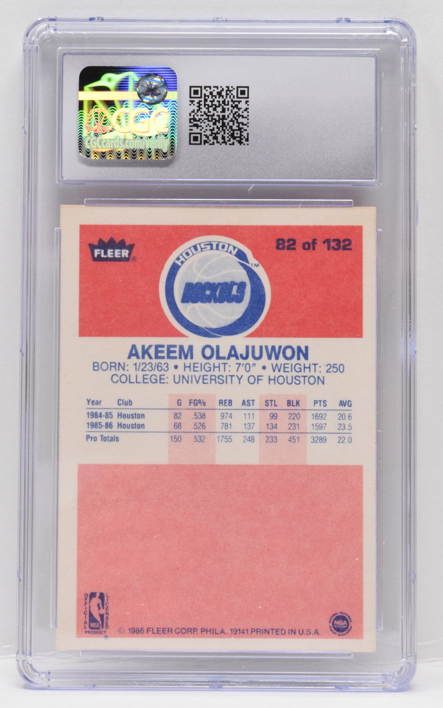 Akeem Olajuwon Basketball Card Fleer 1986 - 87 Rookie RC HOF 82 CGC 7