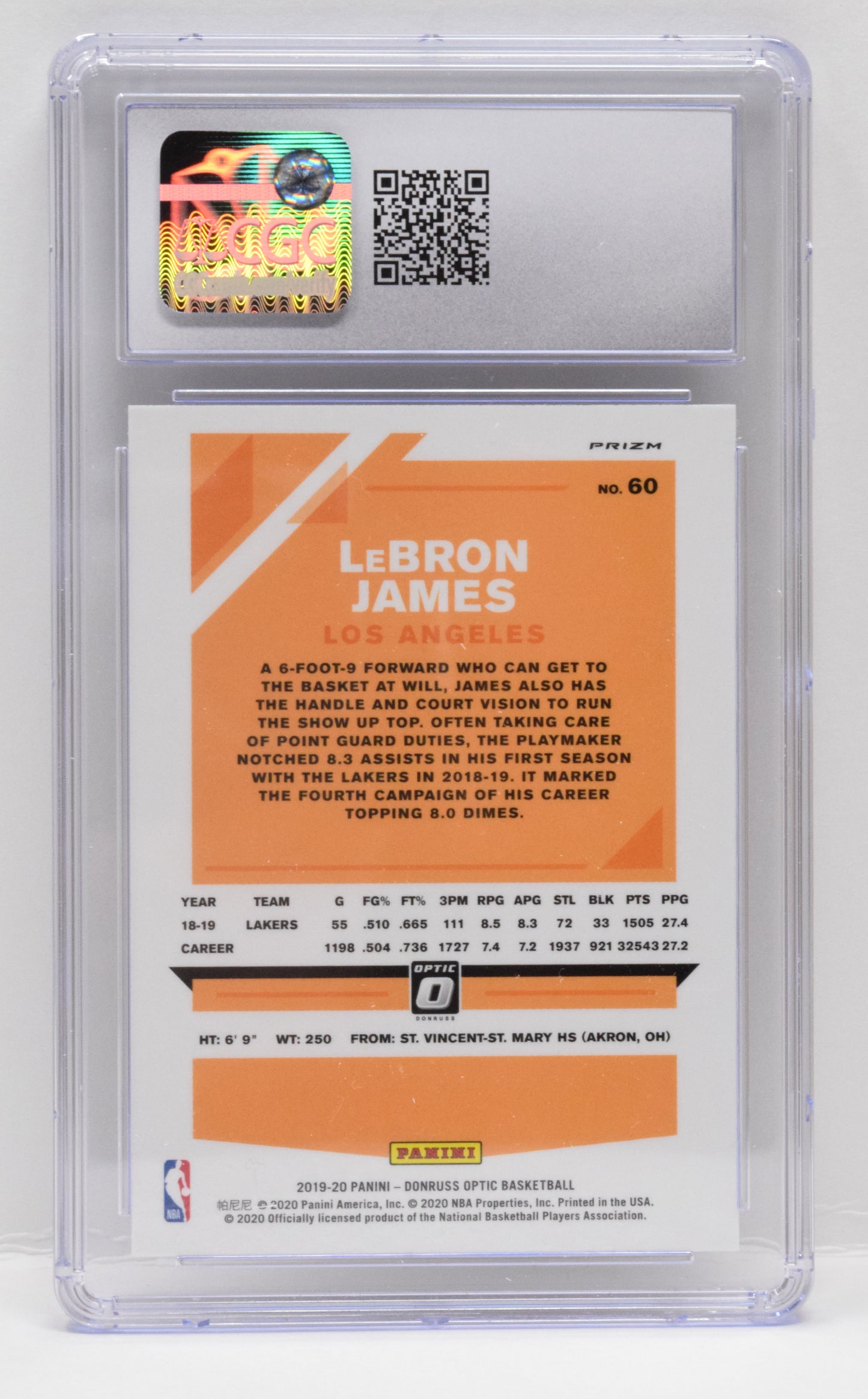 Lebron James Purple Basketball Card Donruss Optic 2019 - 20 60 CGC 10