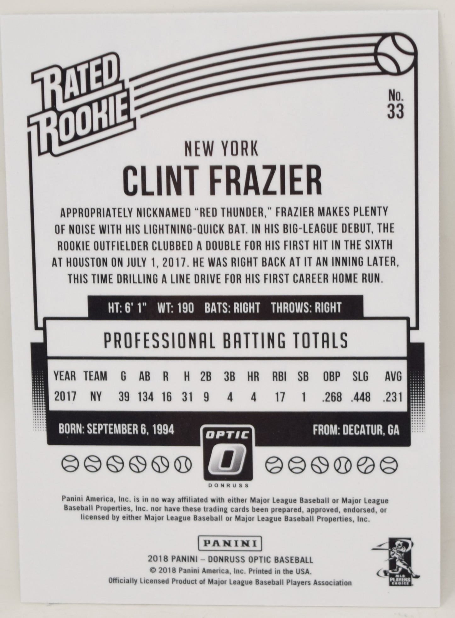 Clint Frazier Donruss Optic 2018 Baseball Card Rookie RC 33 NM