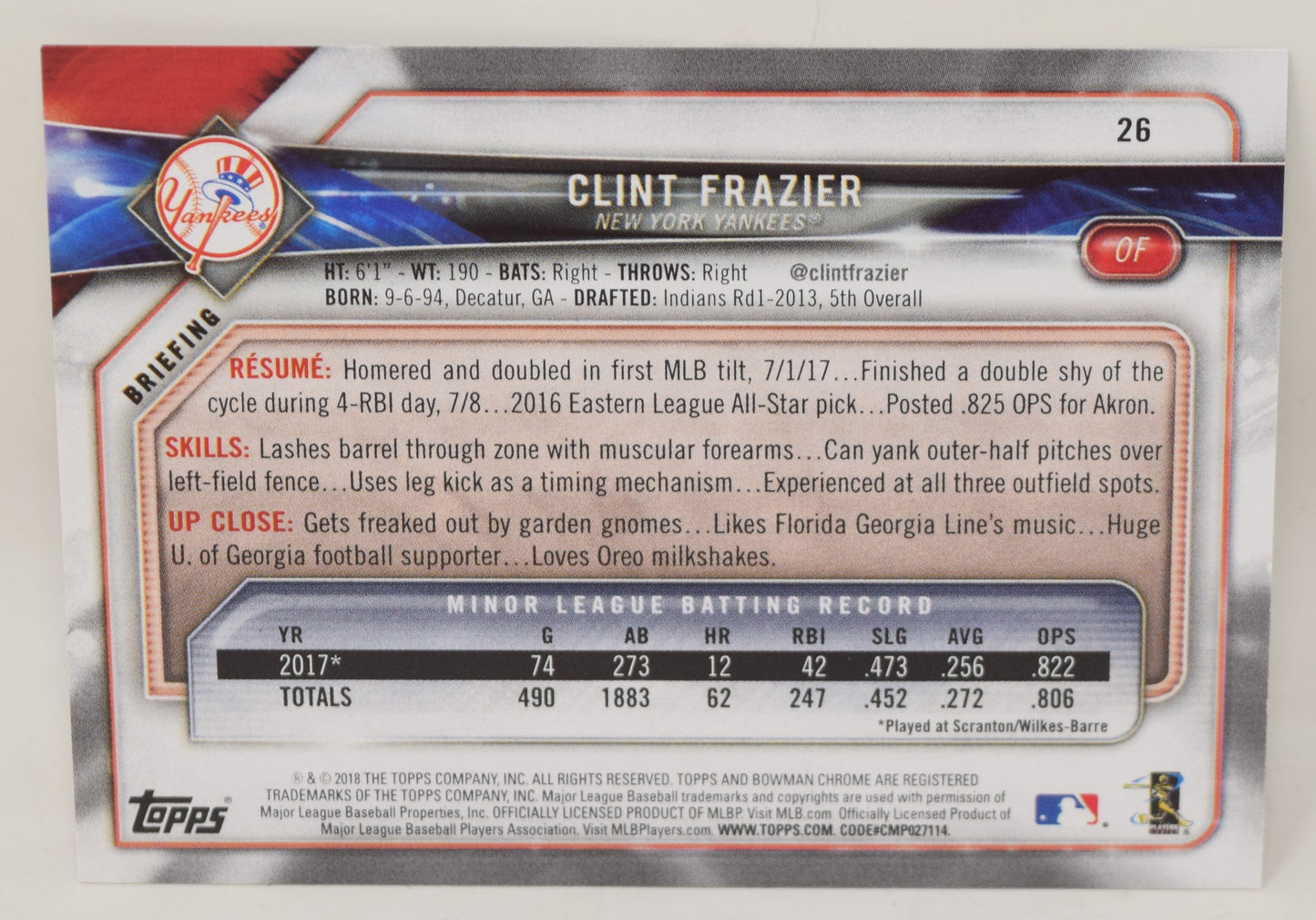 Clint Frazier Bowman 2018 Baseball Card Rookie RC NY Yankees 26