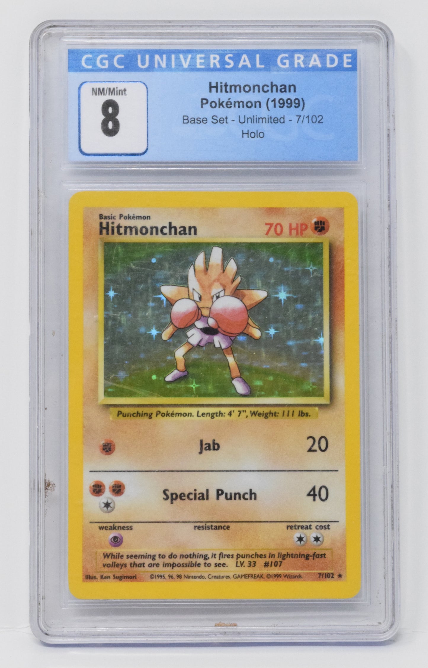Pokemon Hitmonchan Card Base Unlimited Holo 7/102 CGC 8 - Golden Apple Comics