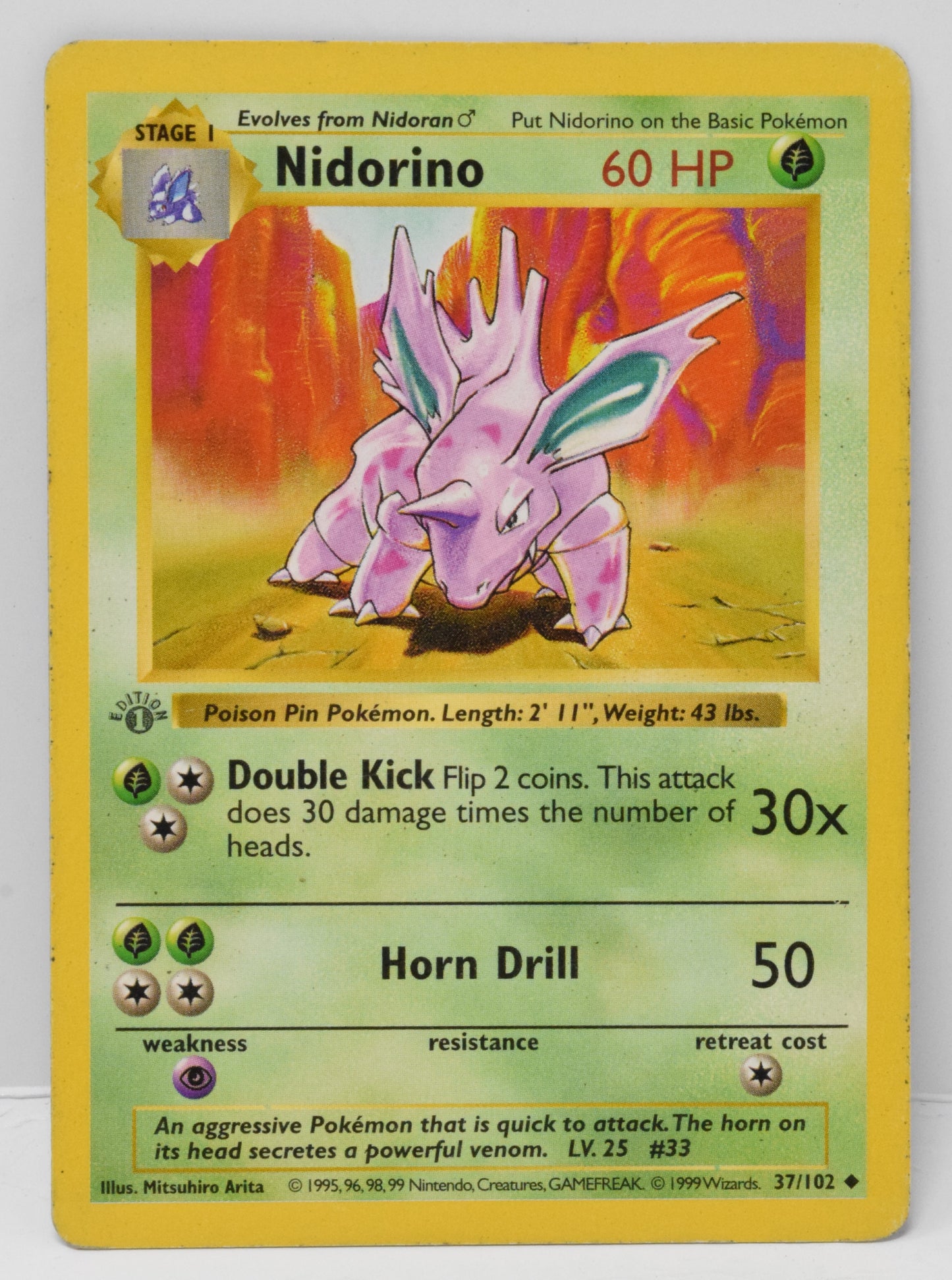 Pokemon Card Nidorino 1st Edition Base Set Shadowless 37/102 MP