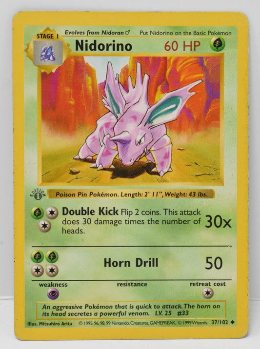 Pokemon Card Nidorino 1st Edition Base Set Shadowless 37/102 MP