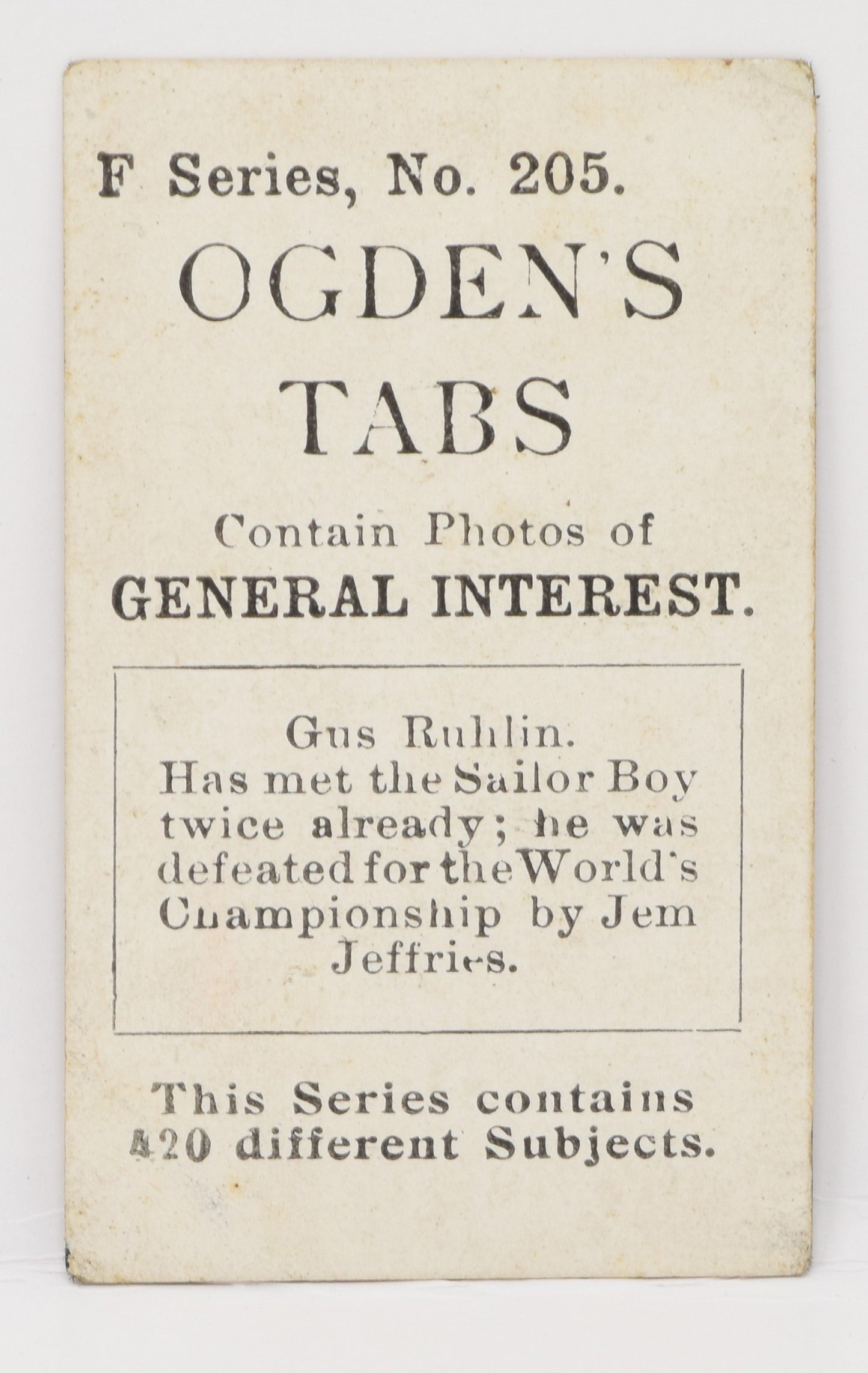 Gus Ruhlin #205 Ogden's Tabs General Interest Cigarette Card Boxer Boxing