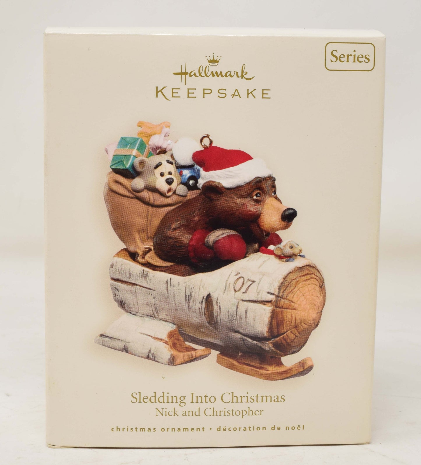 Hallmark Keepsake Ornament Nick Christopher Bear Sledding Into Christmas Tree 2007 NIB