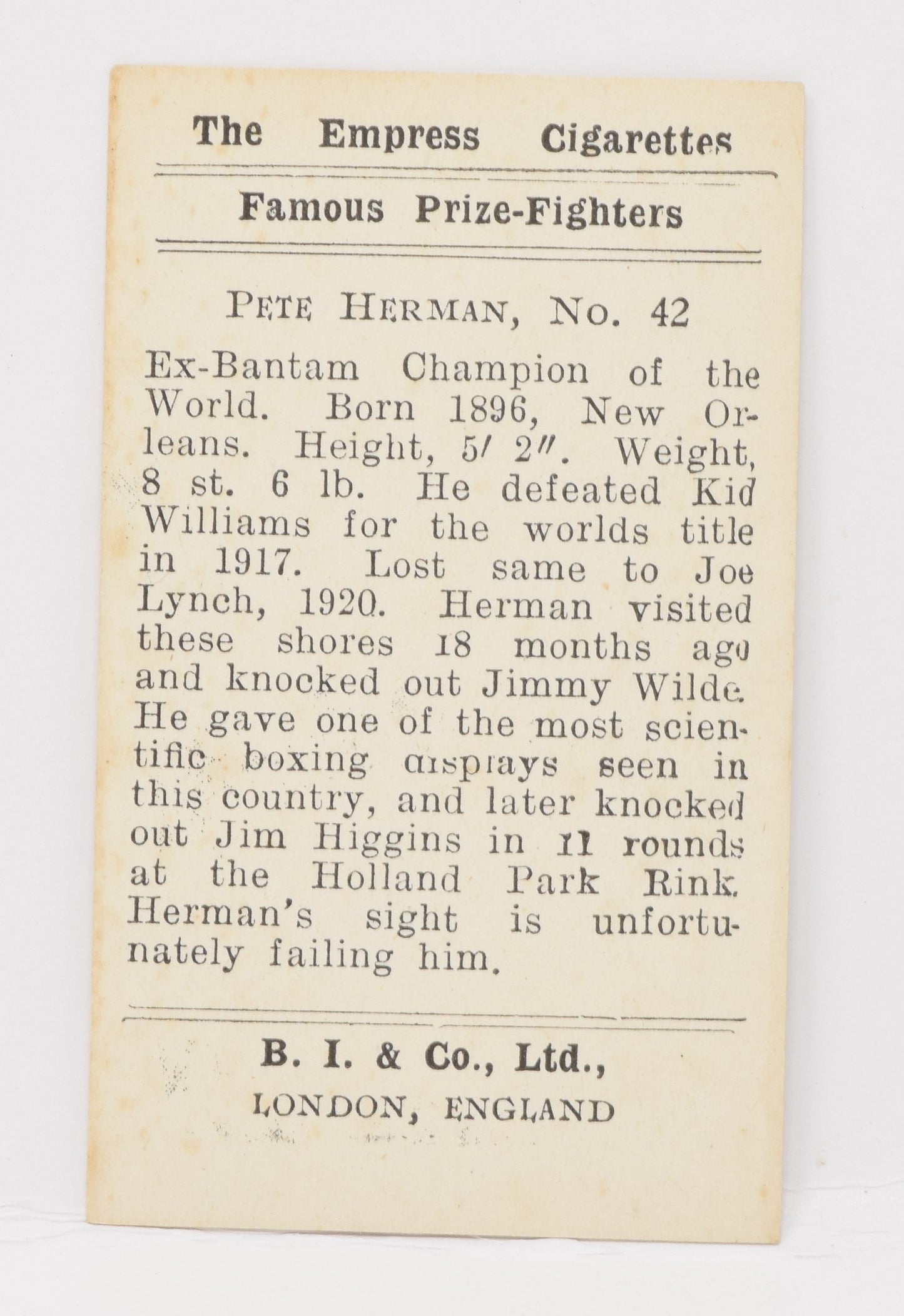 Pete Herman #42 Empress Burstein Isaacs Famous Prize Fighters Boxing Boxer Card 1923