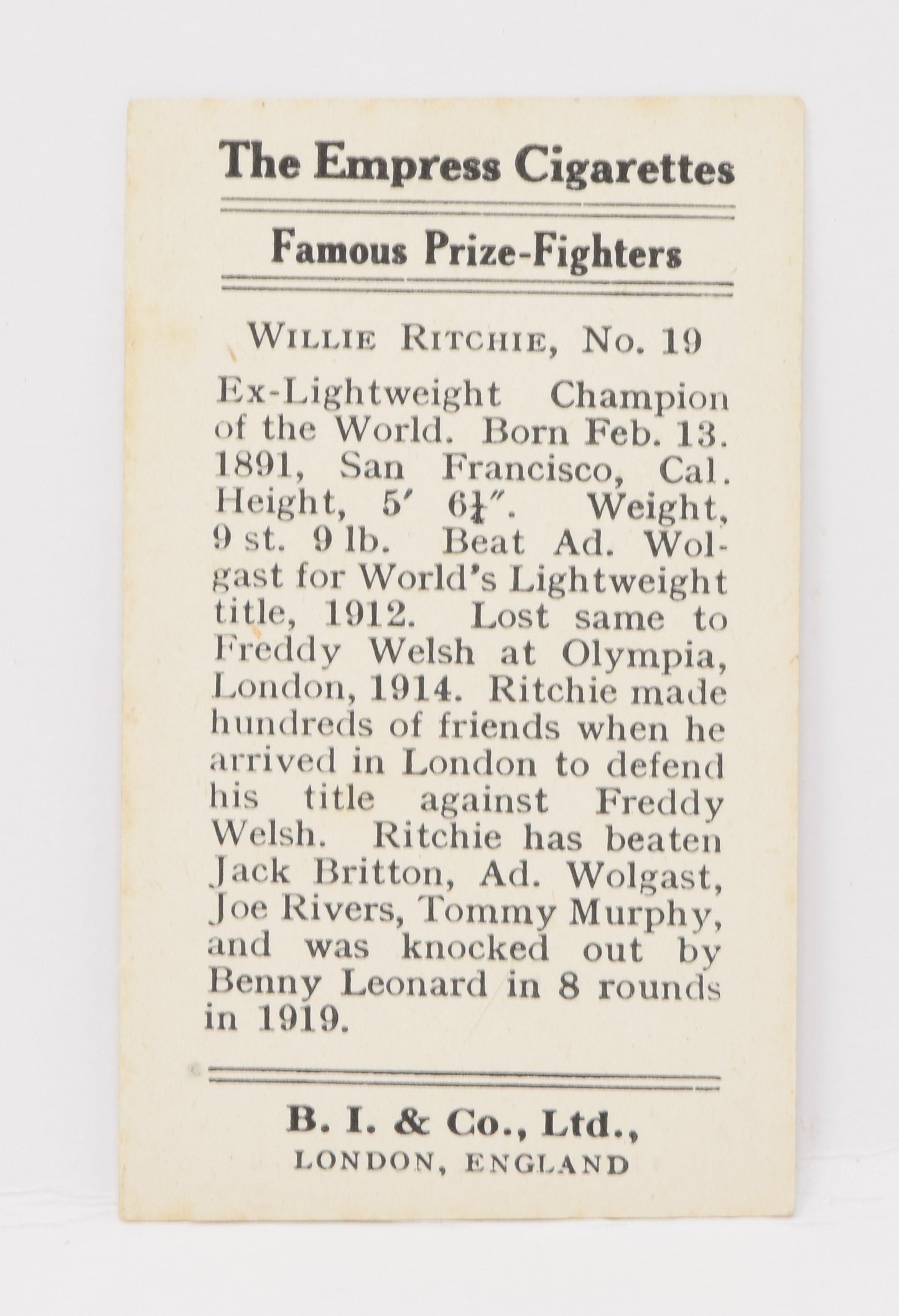 Willie Ritchie #19 Empress Burstein Isaacs Famous Prize Fighters Boxing Boxer Card 1923