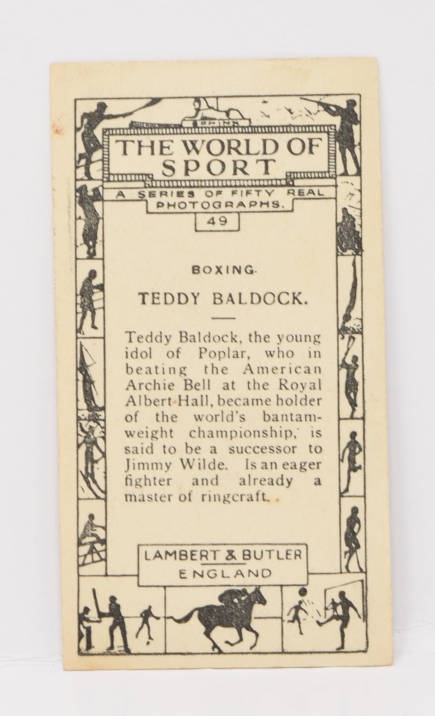 Teddy Baldock #49 Labert Butler World Of Sport Cigarette Card Boxing Boxer 1928