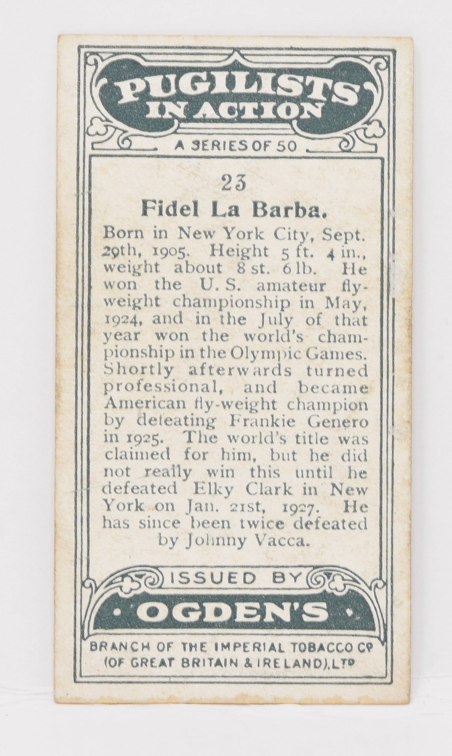 Fidel La Barba #23 Ogden's Pugilists Boxing Cigarette Card Boxer 1928