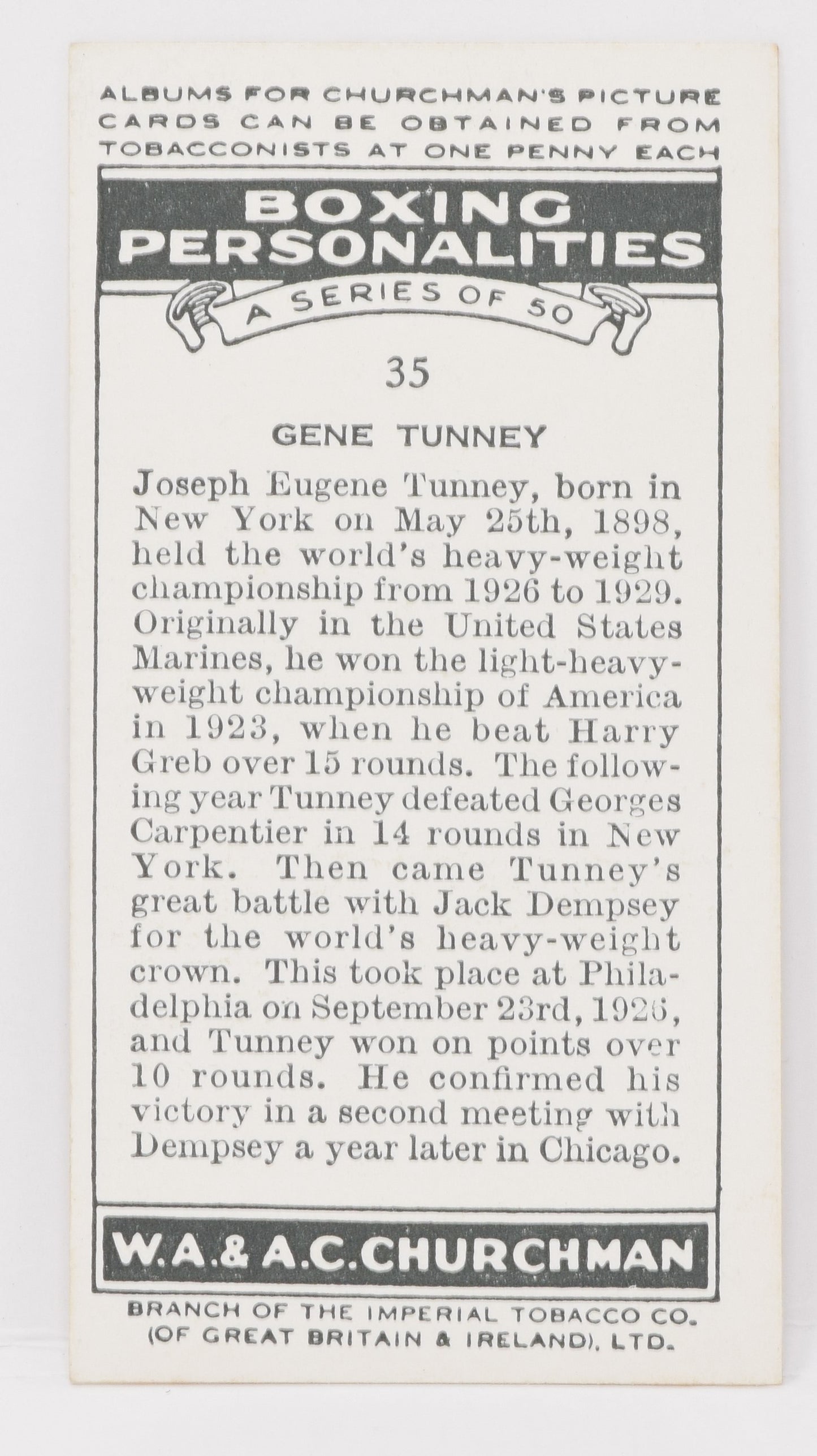 Gene Tunney #35 Churchman Cigarettes Boxing Personalities Boxer Card 1938