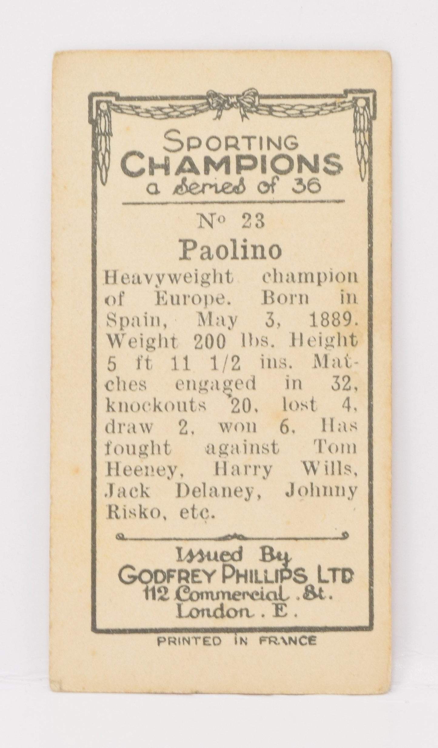 Paolino #23 Godfrey Phillips Sporting Champions Boxer Boxing Card 1929