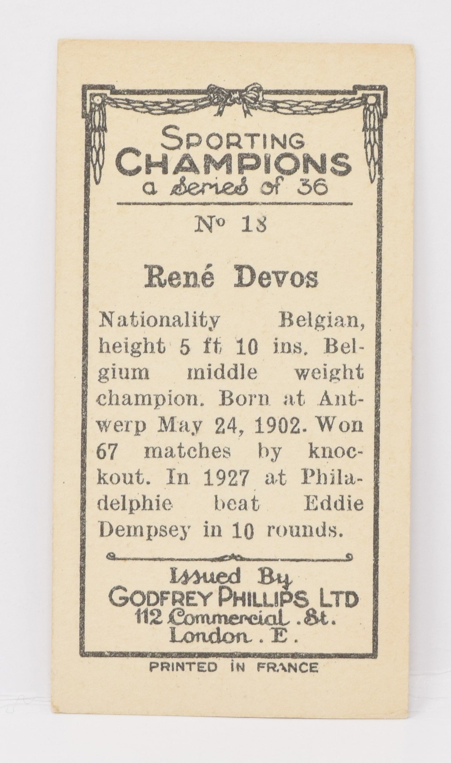 Rene Devos #18 Godfrey Phillips Sporting Champions Boxer Boxing Card 1929