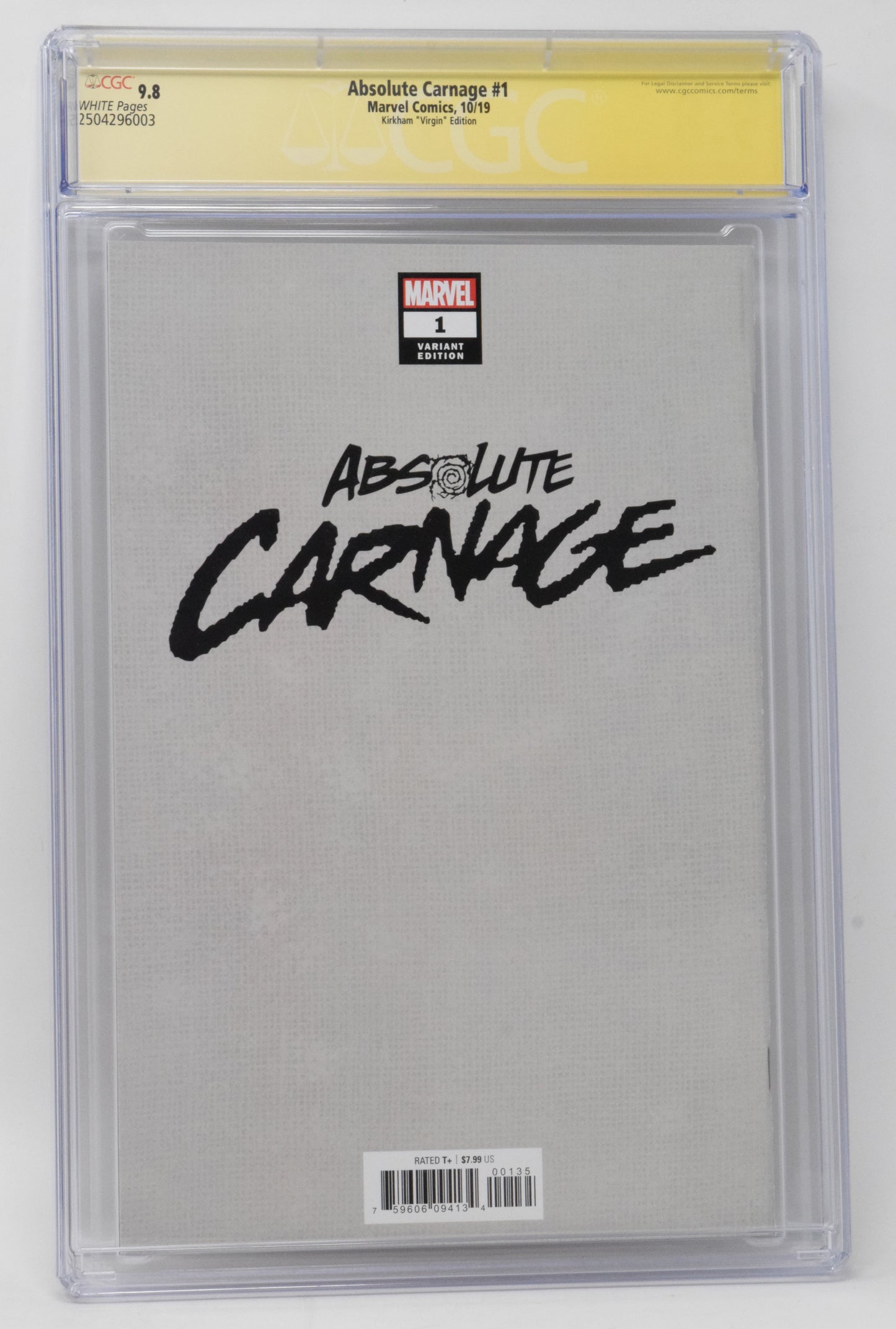 Absolute Carnage 1 Marvel 2019 CGC SS 9.8 Signed Tyler Kirkham Virgin Variant