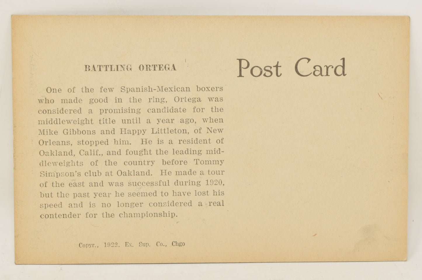 Battling Ortega Boxing Exhibit Card Postcard Penny Arcade Photo 1922 5 x 3