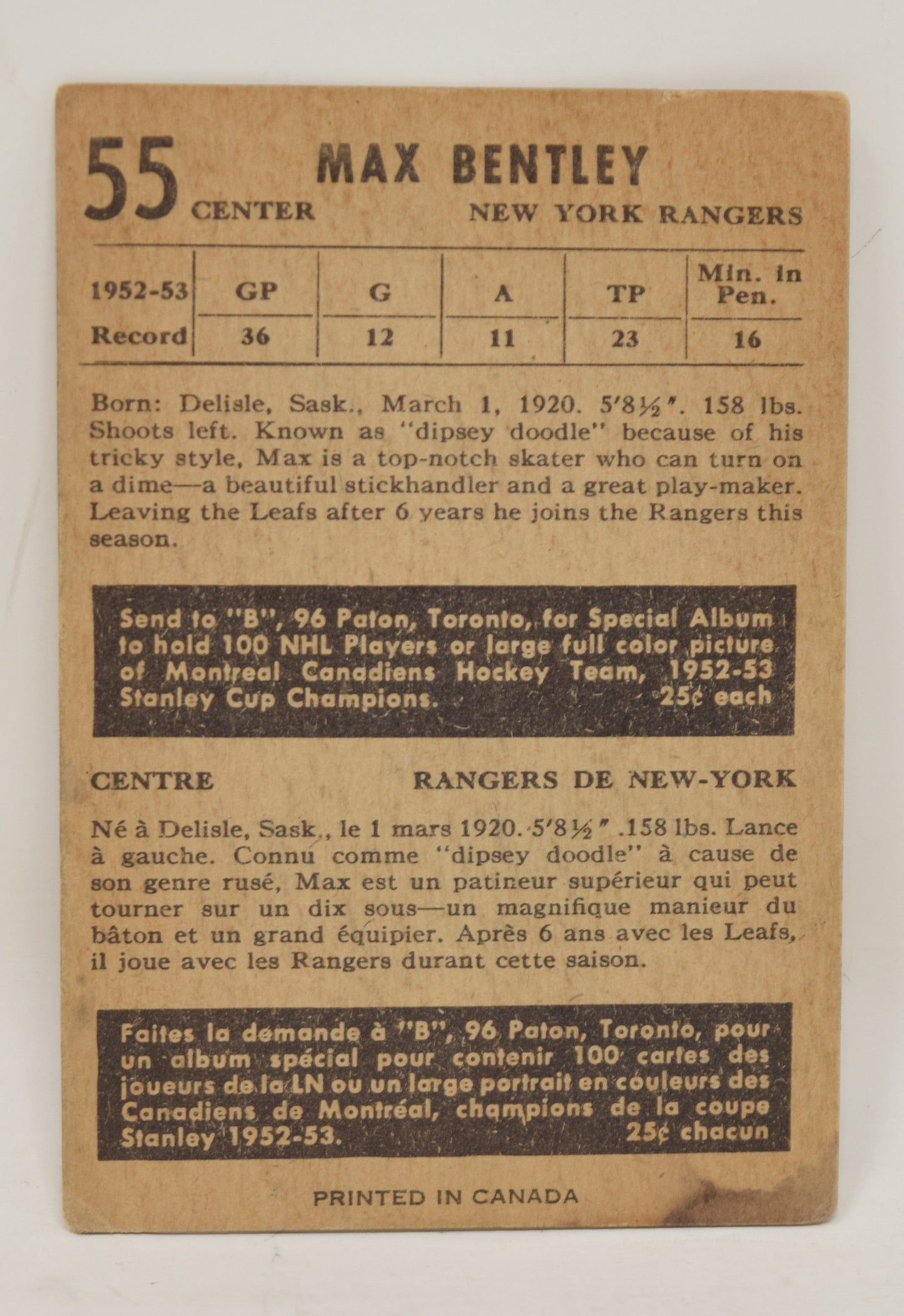 Max Bentley Hockey Card Parkhurst 1953 1954 New York Rangers 55
