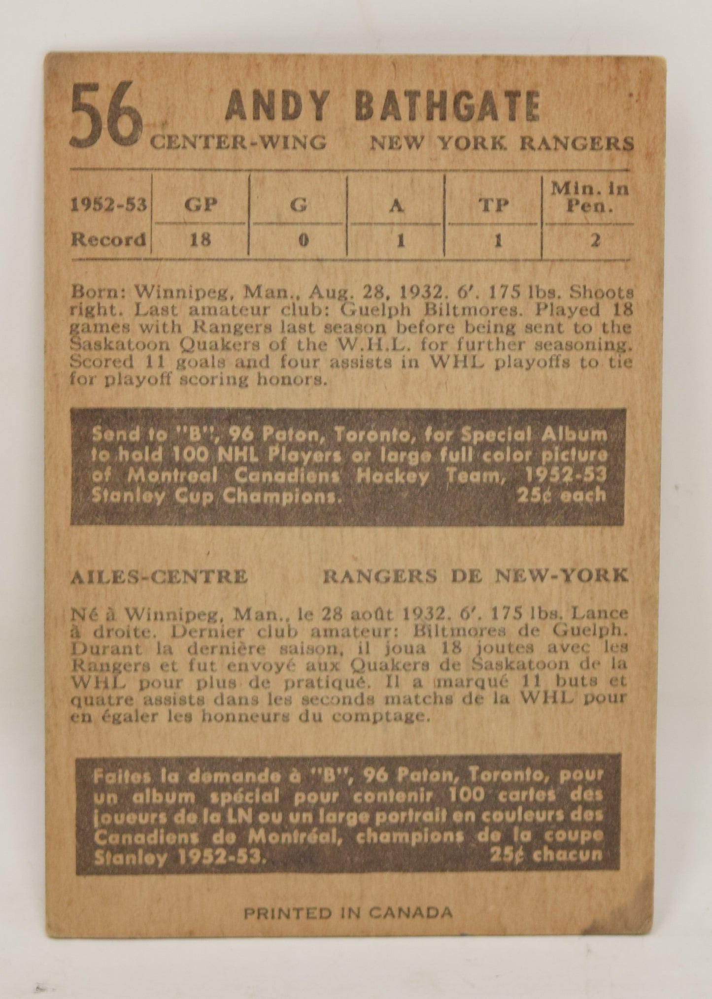 Andy Bathgate Hockey Card Parkhurst 1953 1954 New York Rangers 56