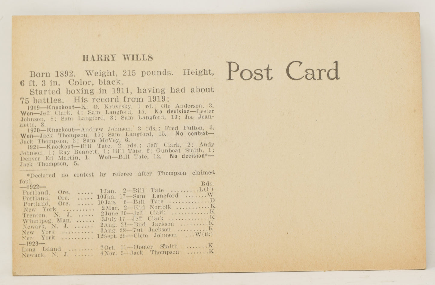 Harry Wills Boxing Exhibit Card Postcard Penny Arcade Photo 1920s 5 x 3