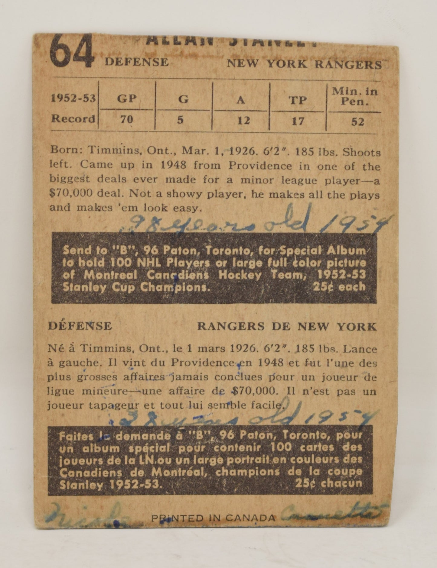 Allan Stanley Hockey Card Parkhurst 1953 1954 New York Rangers 64