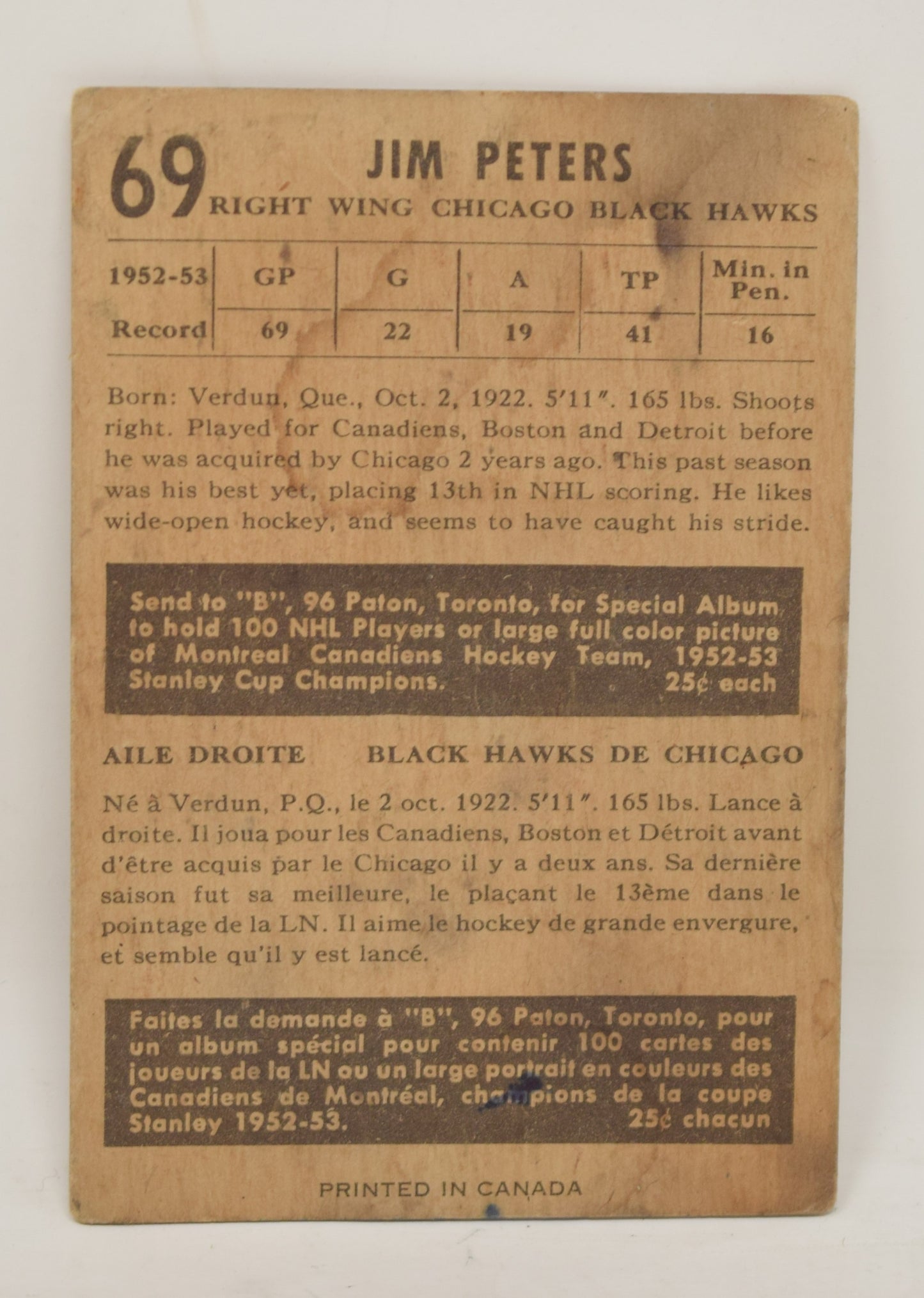 Jim Peters Hockey Card Parkhurst 1953 1954 Chicago Black Hawks 69