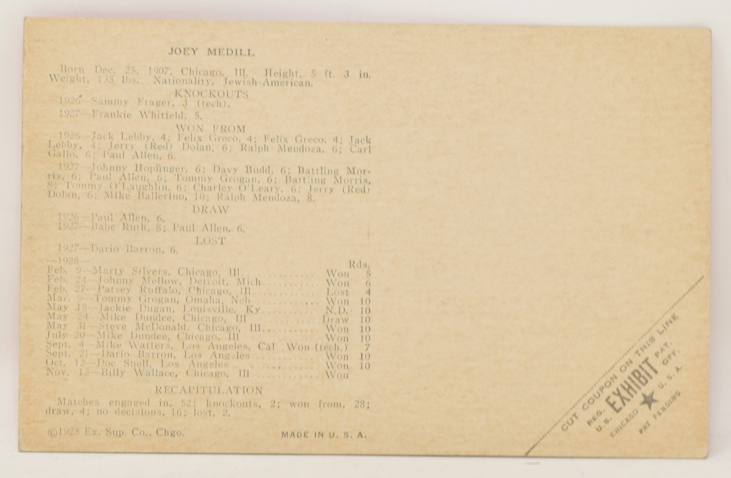 Joey Medill Boxing Exhibit Card Postcard Penny Arcade Photo 1928 5 x 3