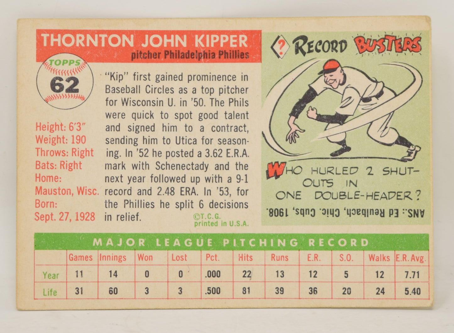 Thornton Kipper Baseball Card Topps 1955 Philadelphia Phillies 62