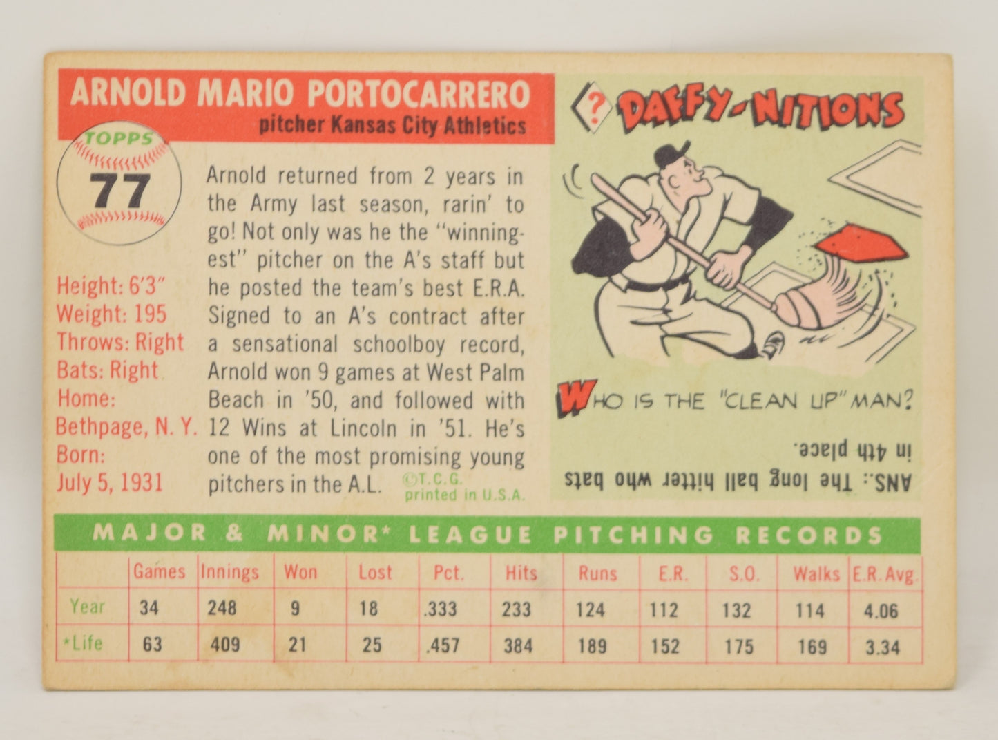 Arnold Portocarrero Baseball Card Topps 1955 Kansas City Athletics 77