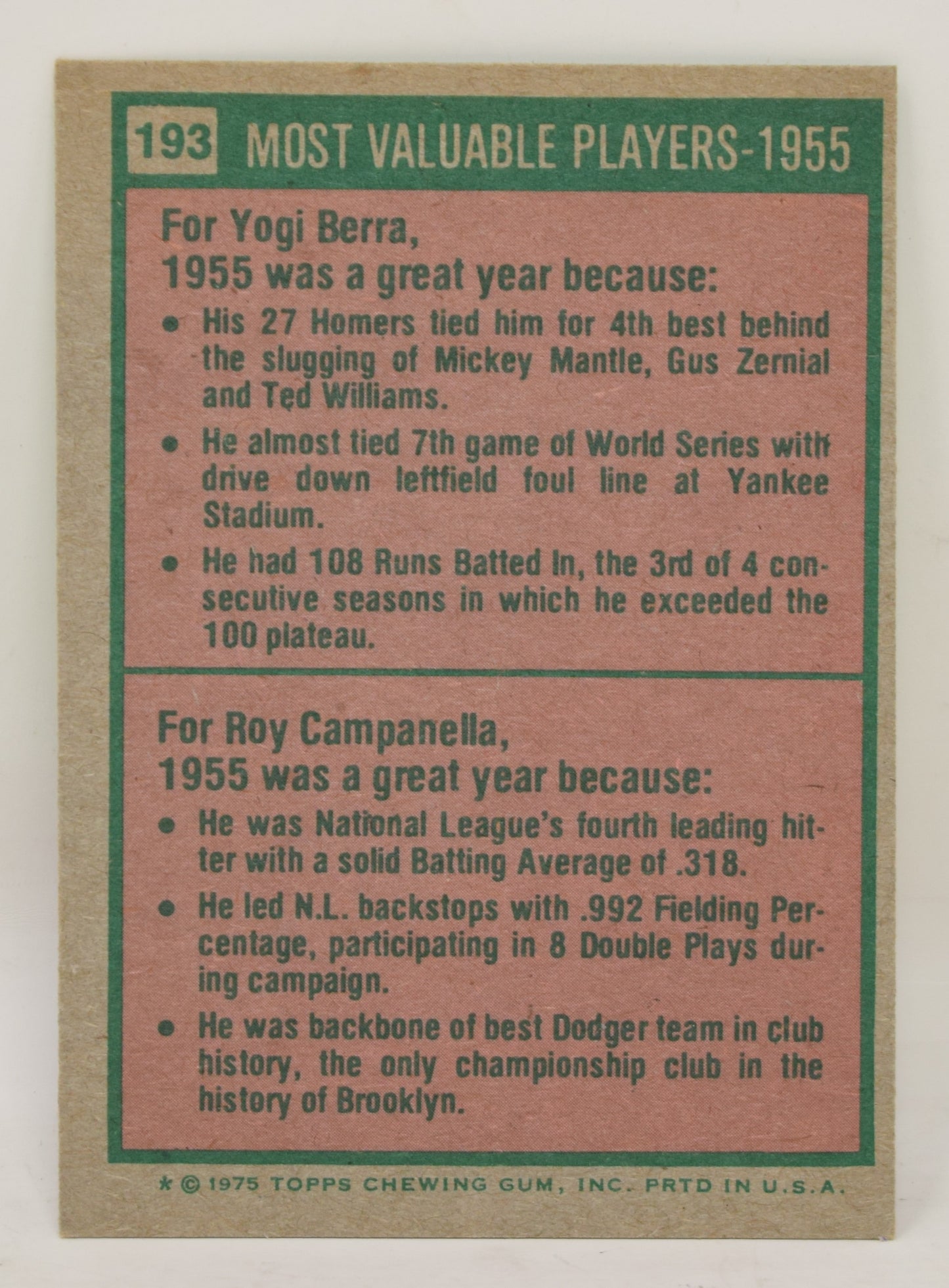 Yogi Berra Roy Campanella Baseball Card Topps 1975 Most Valuable Player 193