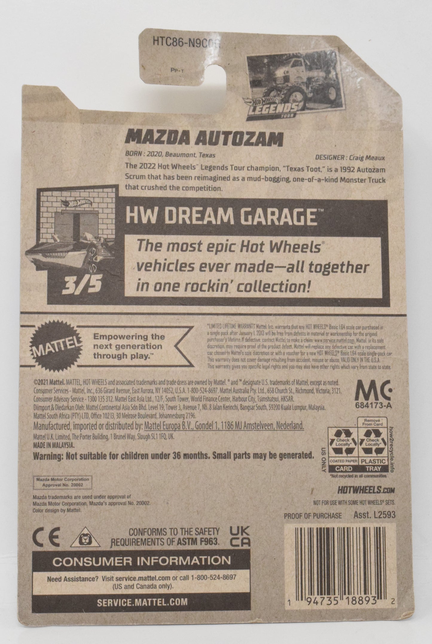 Hot Wheels Mazda Autozam HW Dream Legends Tour Garage DieCast Car 3/5 1 New