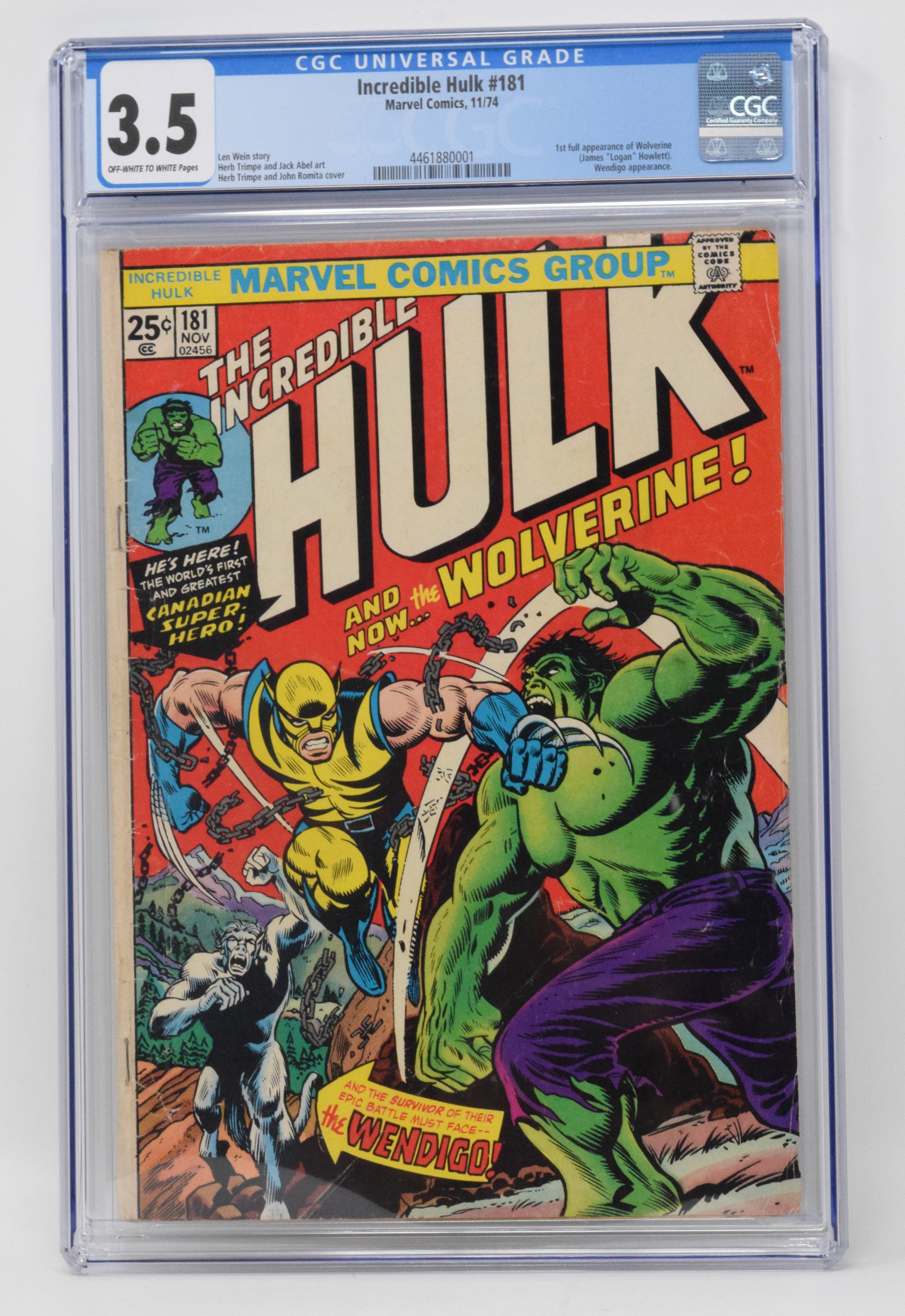 Incredible Hulk 181 Marvel 1974 CGC 3.5 1st Wolverine MVS