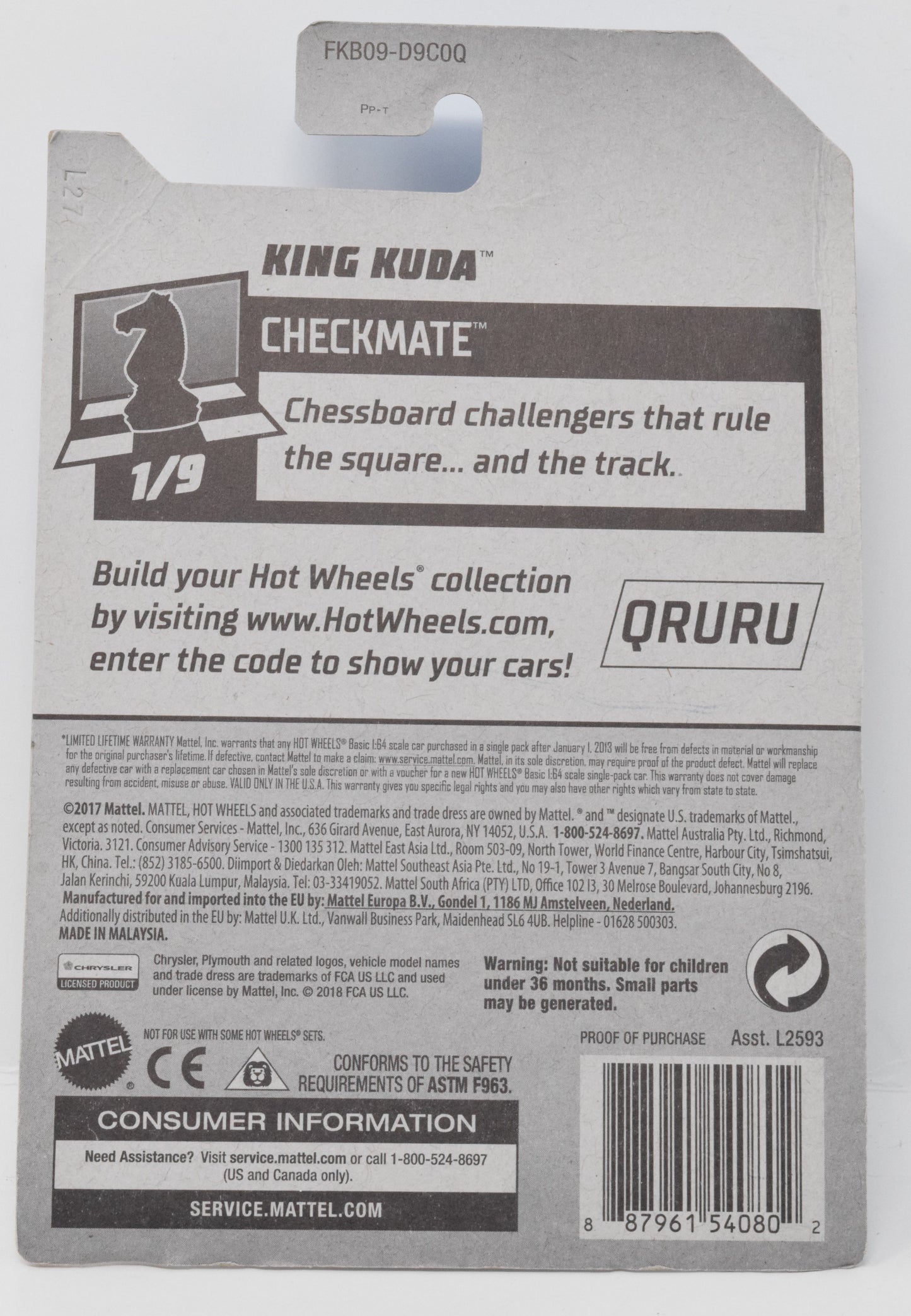 Hot Wheels King Kuda White CheckMate DieCast Car 1/9 362 New - Golden Apple Comics