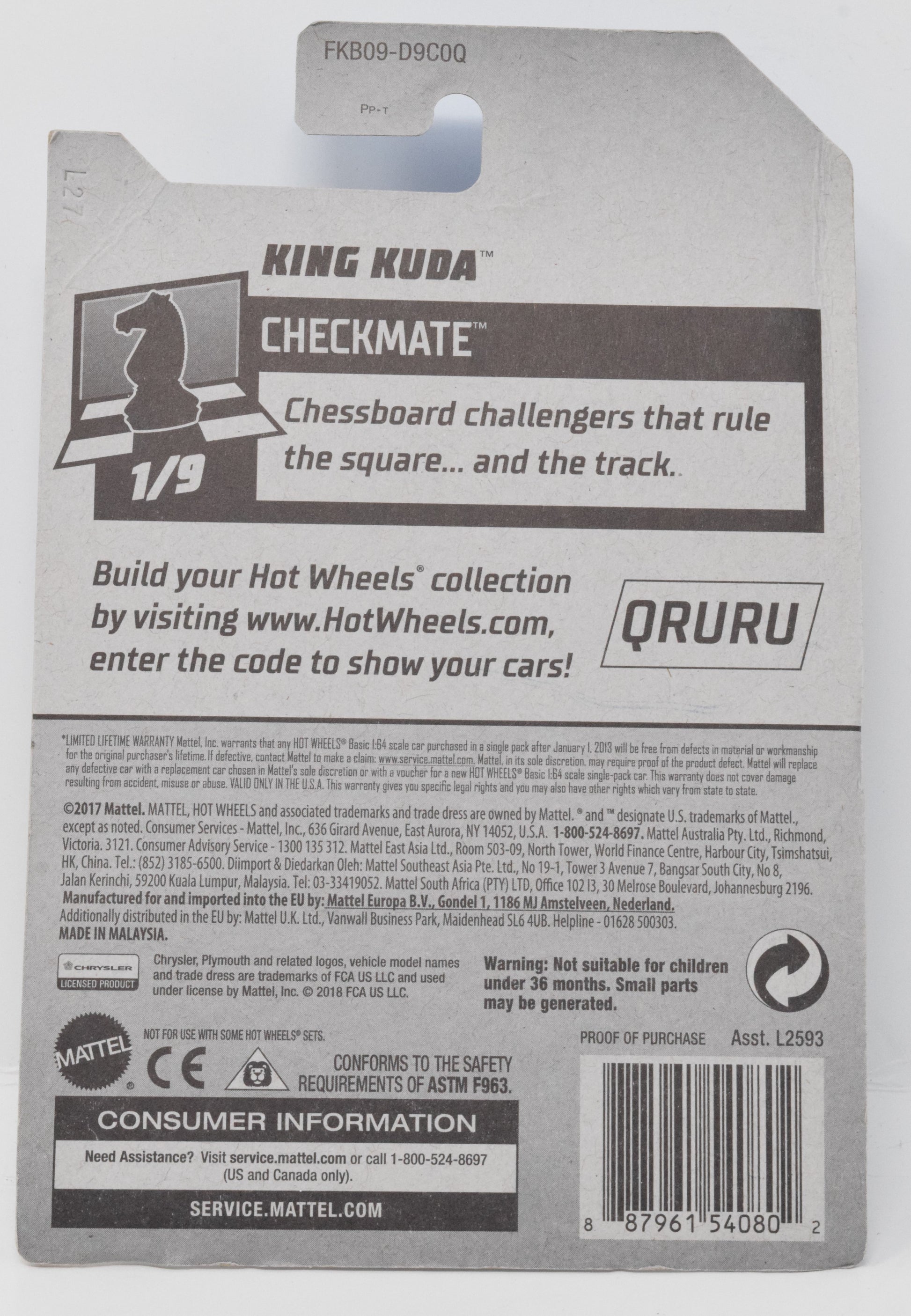 Hot Wheels King Kuda White CheckMate DieCast Car 1/9 362 New - Golden Apple Comics