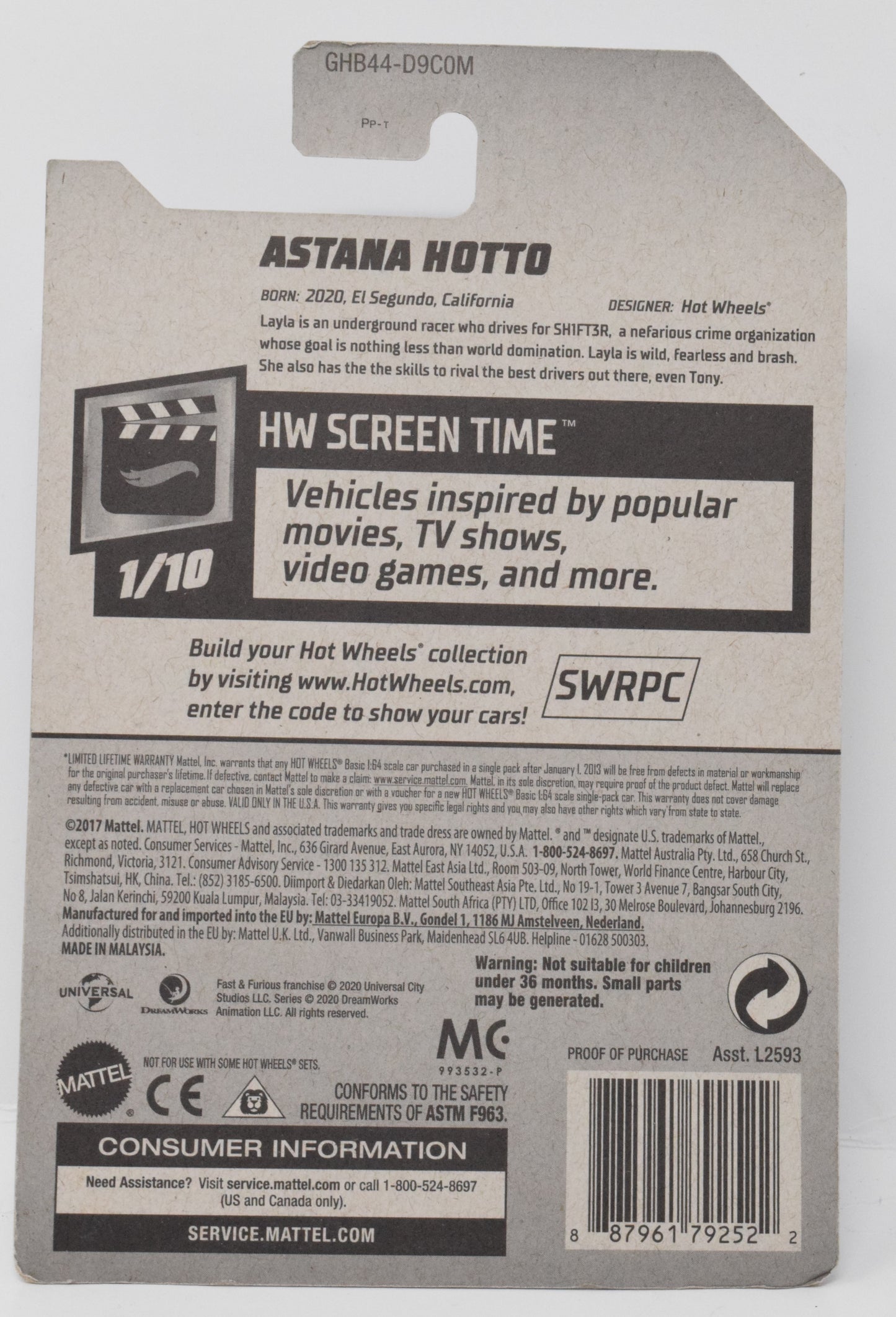 Hot Wheels Astana Hotto HW Screen Time Fast and Furious DieCast Car 1/10 214 New