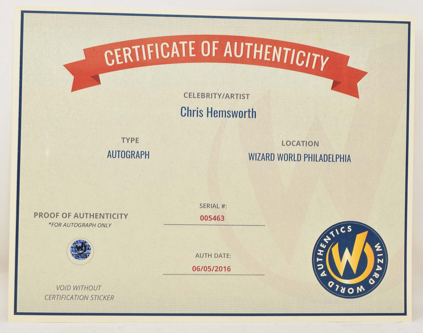 Chris Hemsworth Headshot Signed 8 x 10 COA