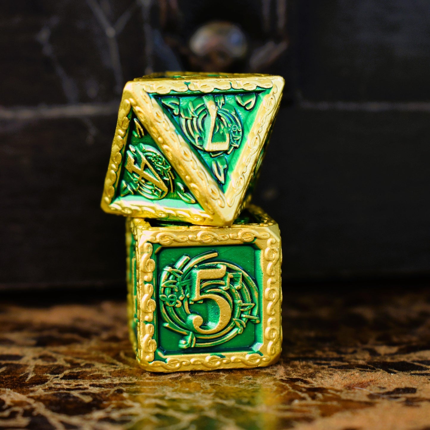 Ballad of the Bard Green and Gold Metal Dice Set