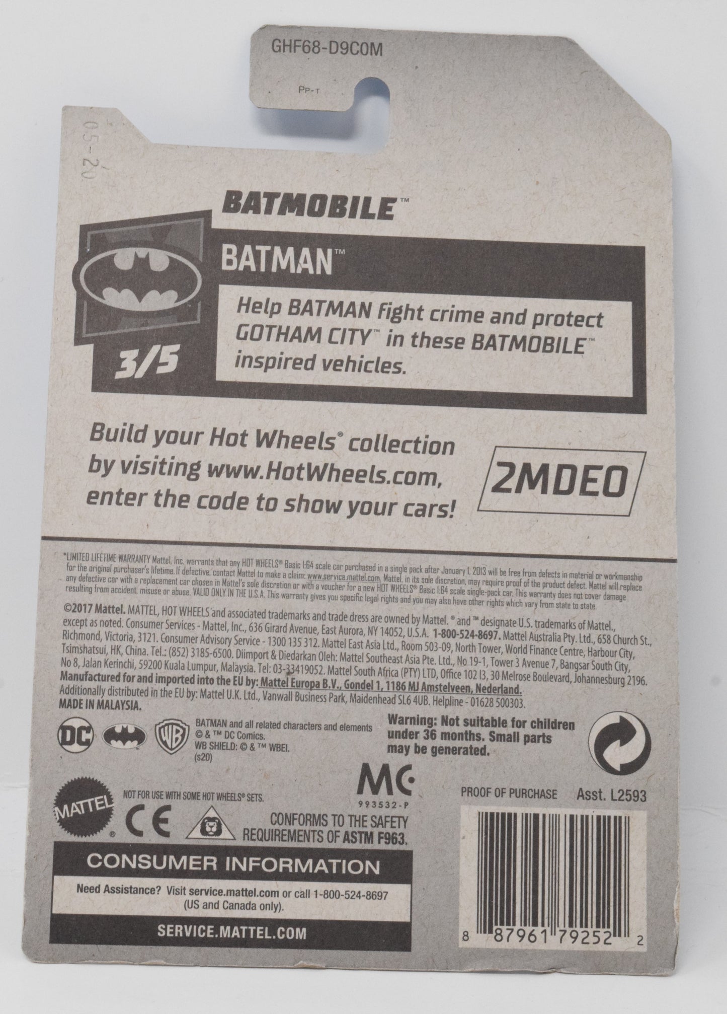 Hot Wheels Batman BatMobile DC DieCast Car 3/5 9/250 New