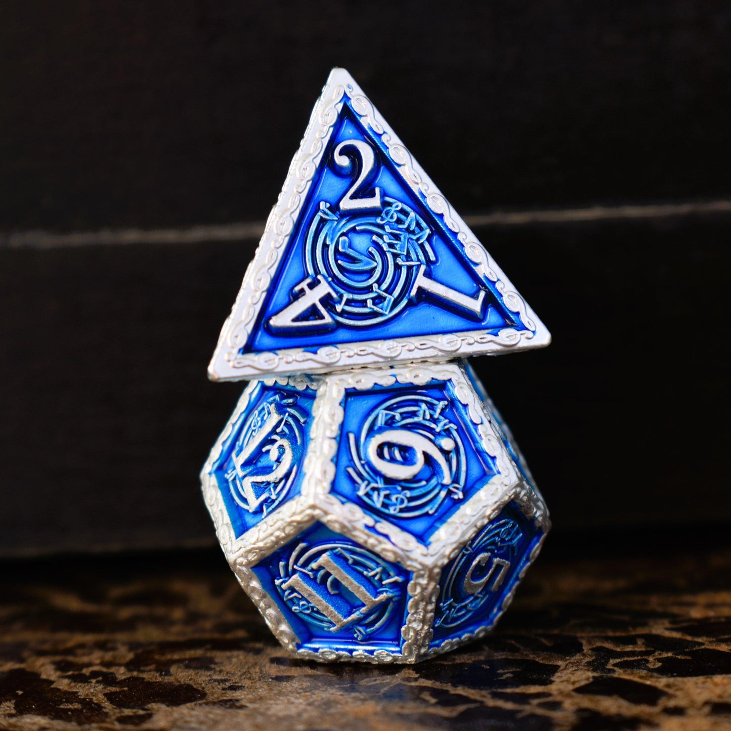 Ballad of the Bard Blue and Silver Metal Dice Set