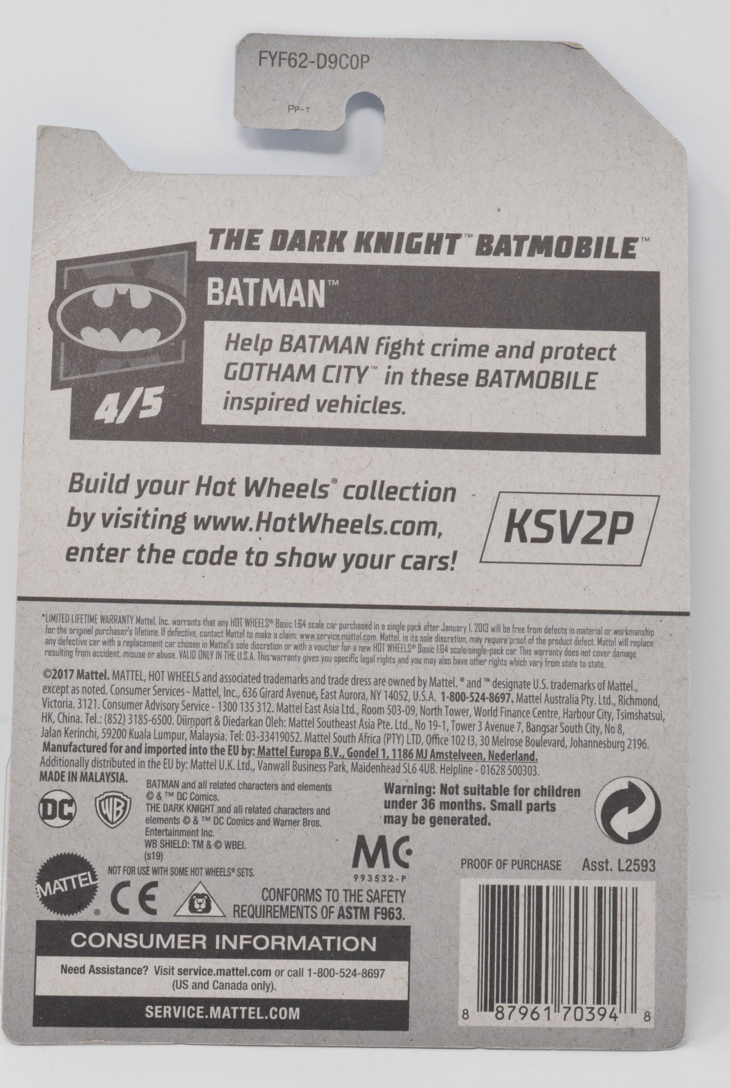 Hot Wheels Dark Knight BatMobile White DC DieCast Car 4/5 153 New