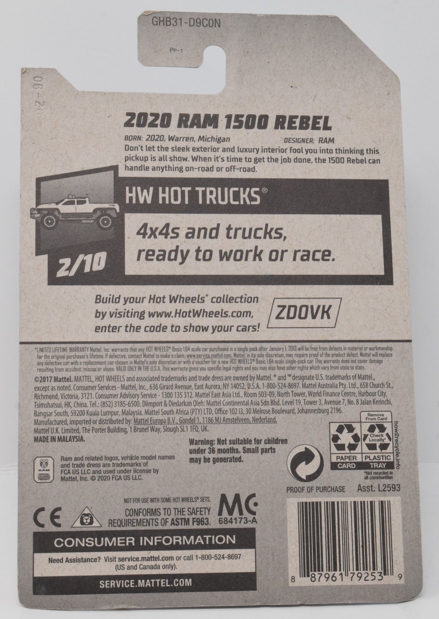 Hot Wheels 2020 Ram 1500 Rebel Red HW Hot Trucks 2/10 225 DieCast Car New