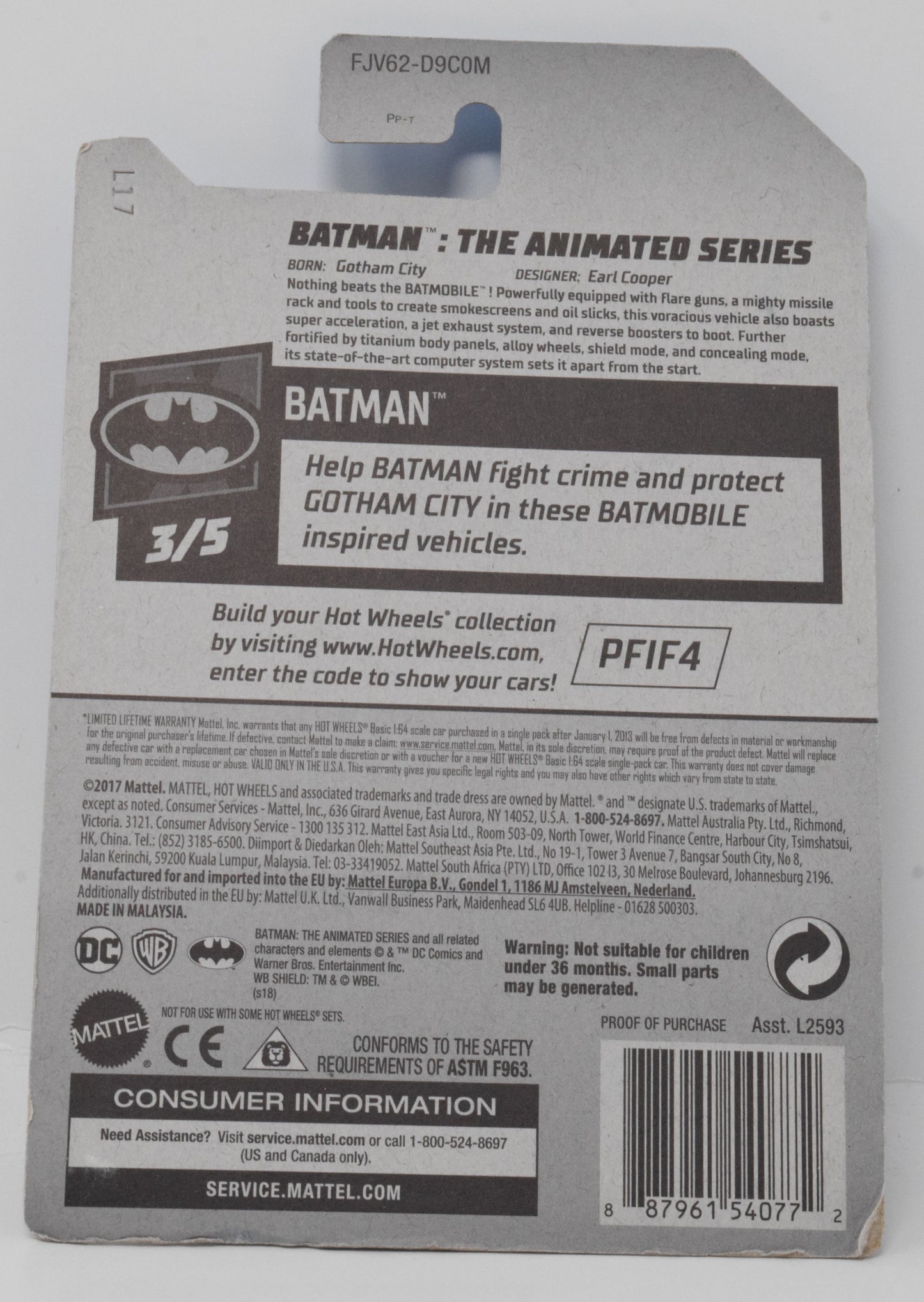 Hot Wheels Batman The Animated Series BatMobile 3/5 256 DieCast Car New