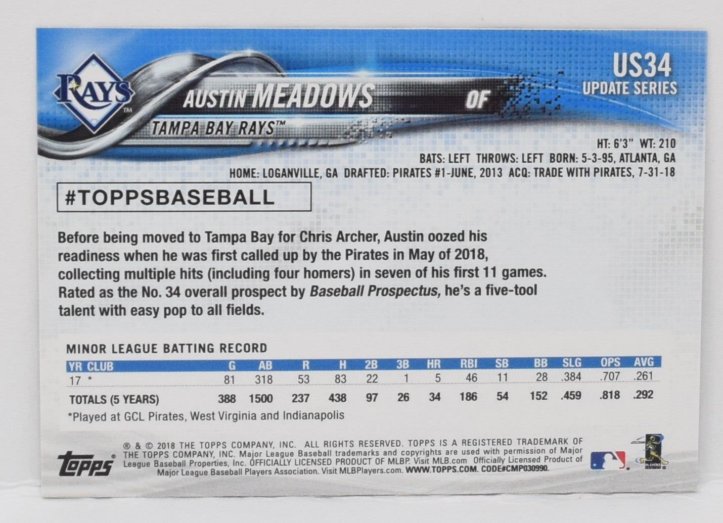 Austin Meadows Baseball Card Topps Update 2018 US34  RC Rookie Rays NM