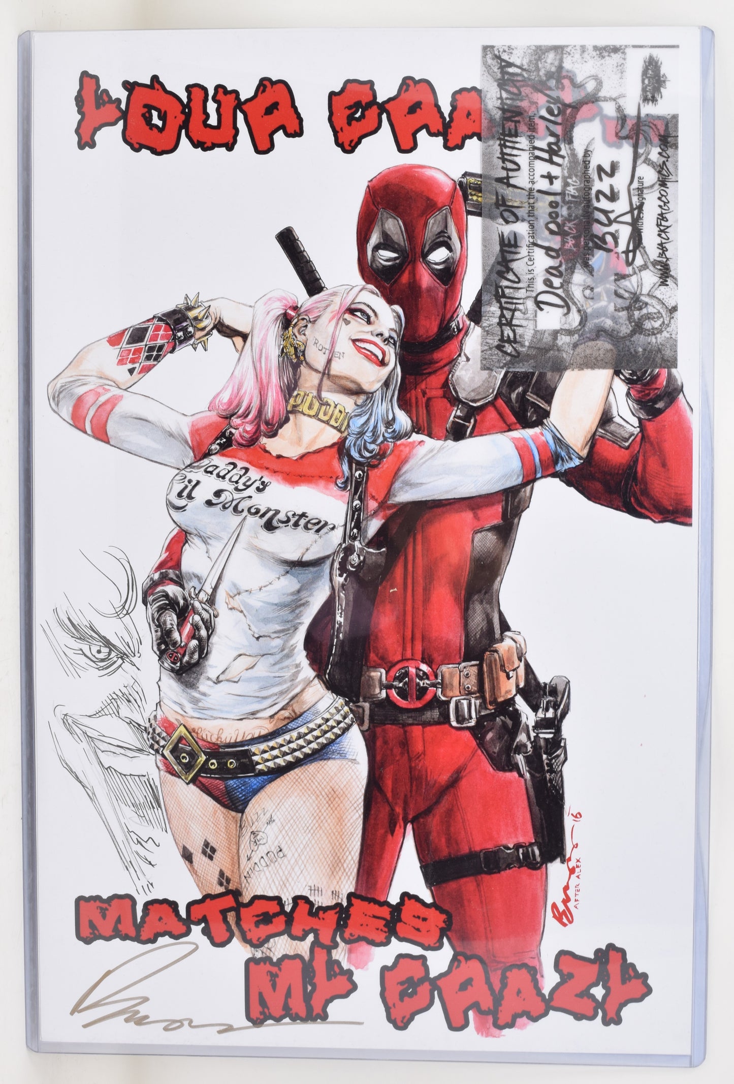 Deadpool Harley Quinn Print 11 x 17 Signed Buzz Remark Sketch Pin-Up GGA