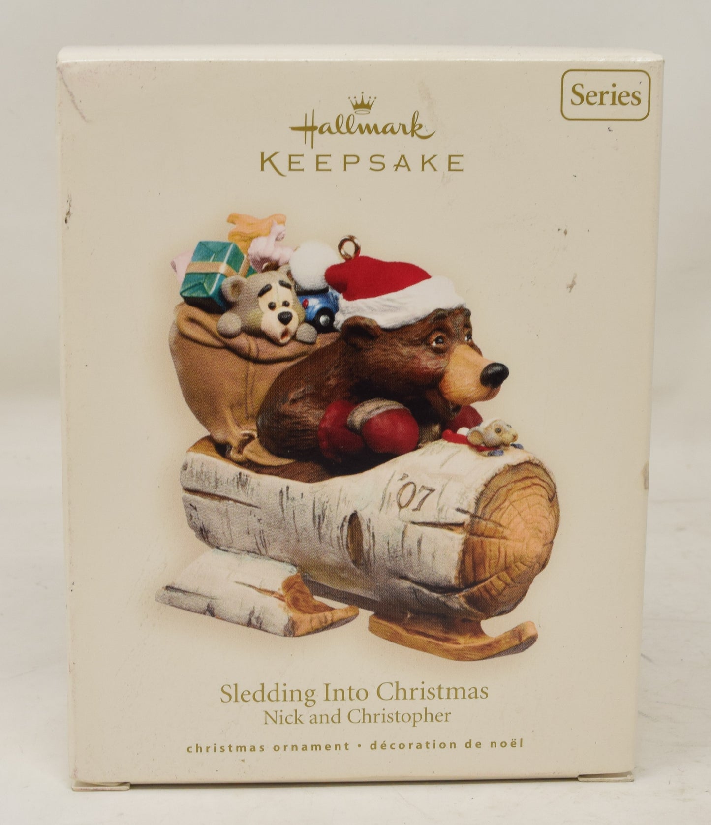 Hallmark Keepsake Ornament Nick Christopher Bear Sledding Into Christmas Tree 2007 NIB