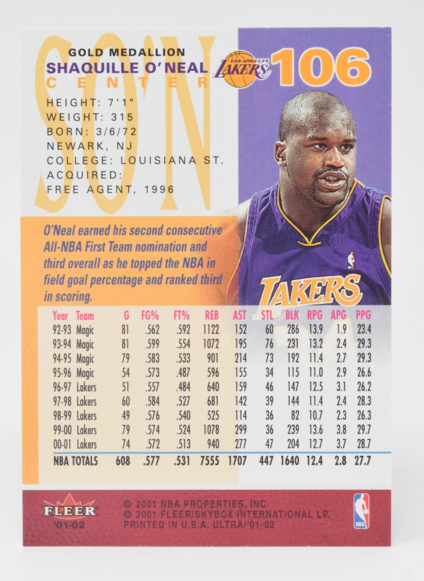 Shaq Shaquille O'Neal Basketball Card Fleer Ultra 2001 - 02 Gold Medallion 106