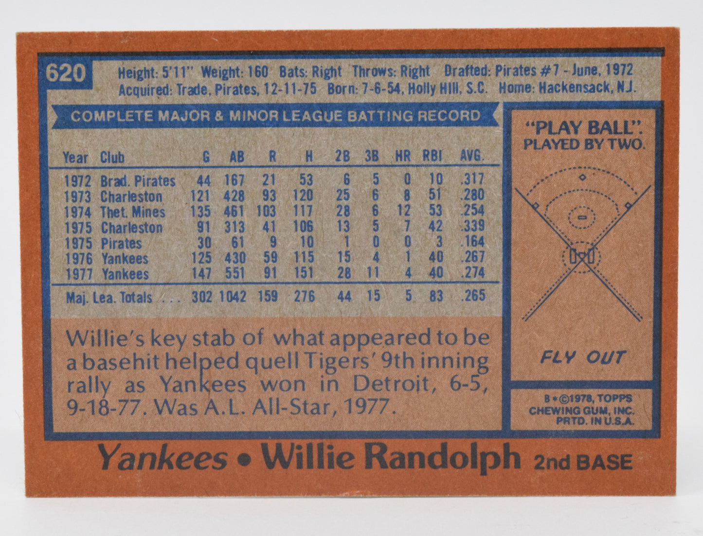 Willie Randolph Baseball Card Topps 1978 All-Star NY Yankees 620