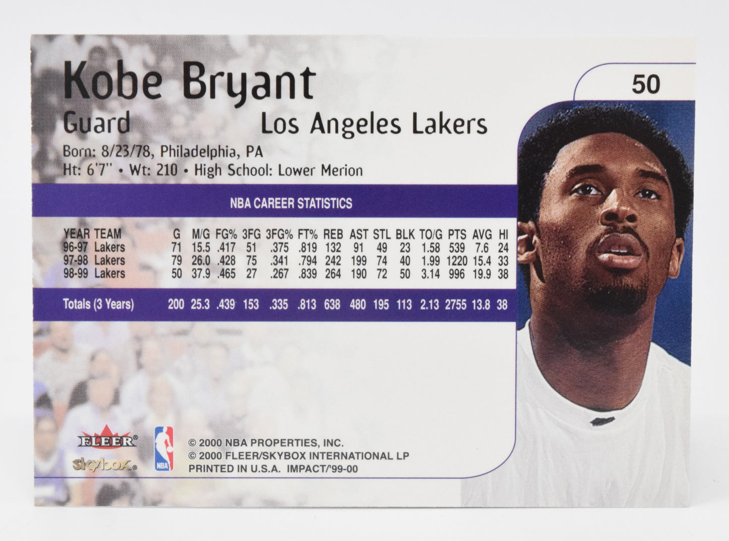 Kobe Bryant Basketball Card Fleer Impact 2000 Los Angeles Lakers 50