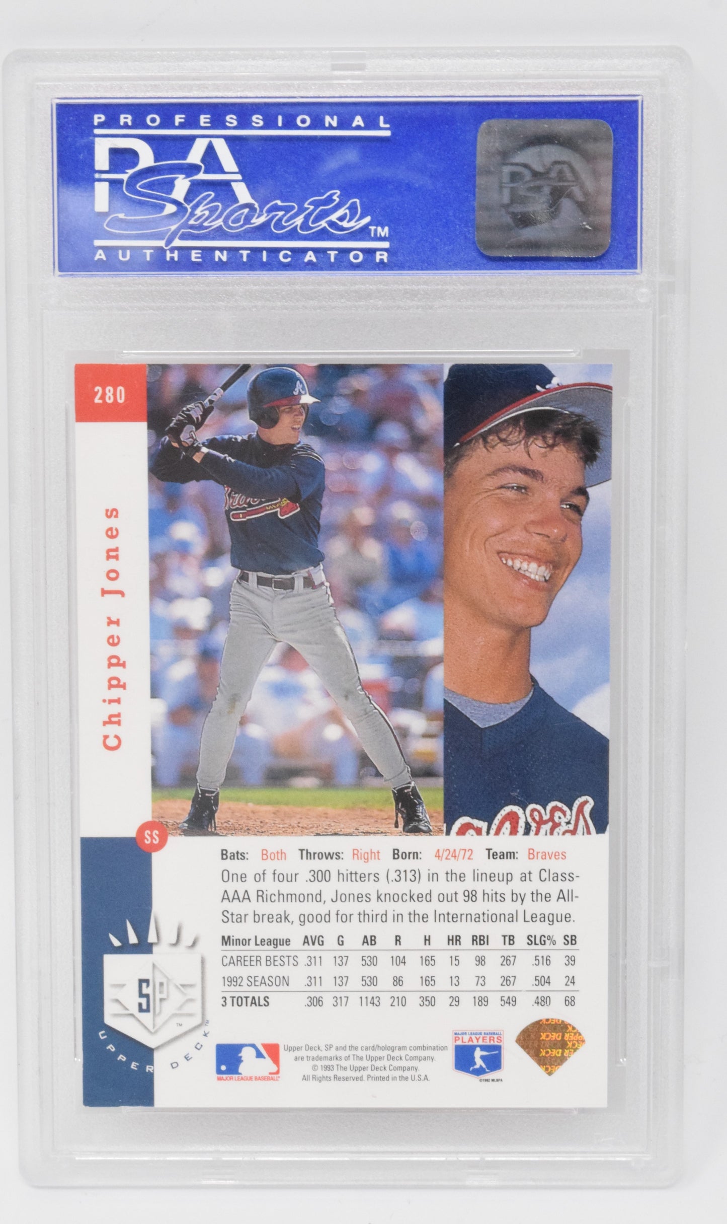 Chipper Jones Foil Baseball Card Upper Deck SP 1993 Alanta Braves 280 HOF PSA 8