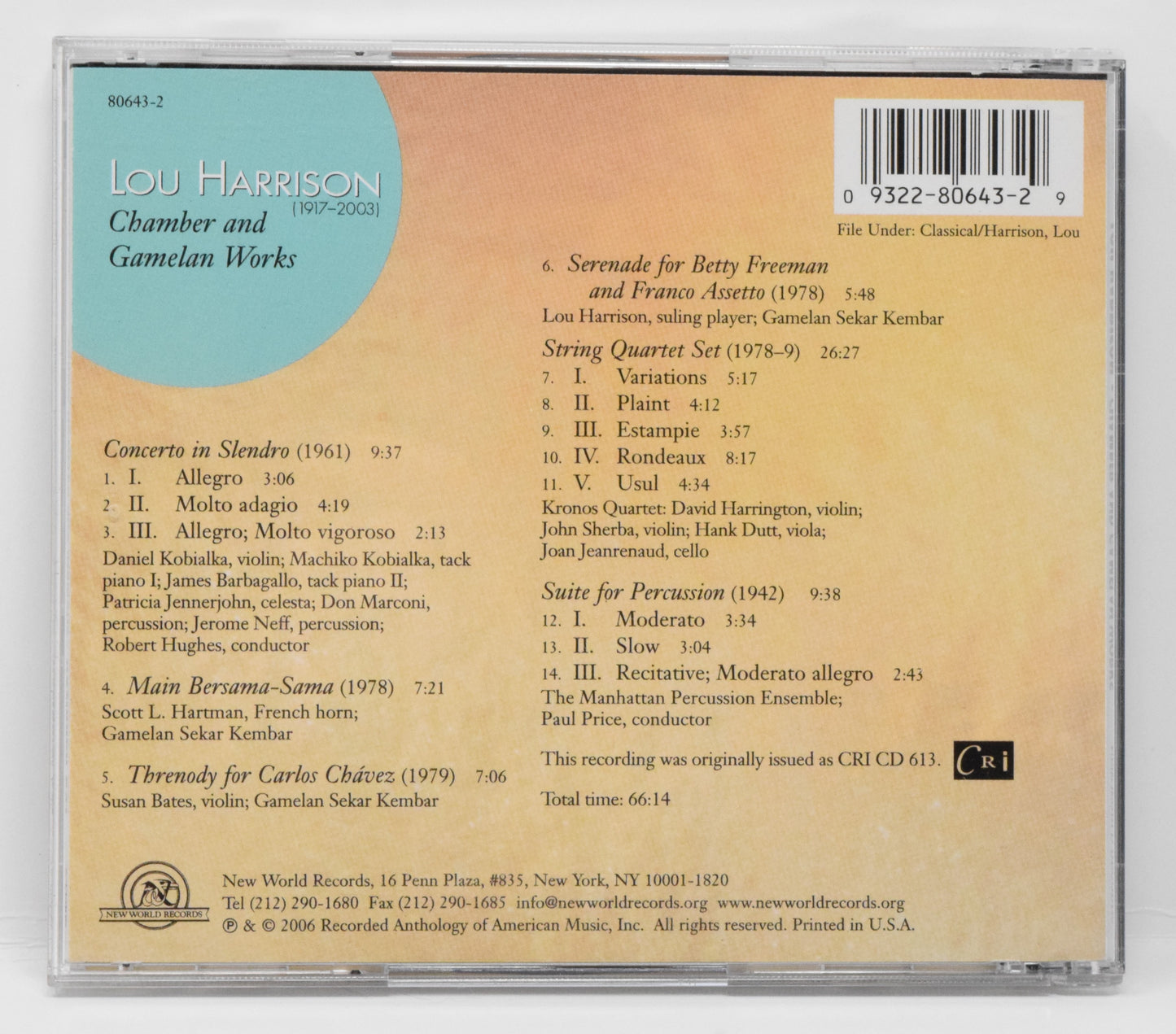 Lou Harrison Chamber And Gamelan Works CD Kronos Quartet