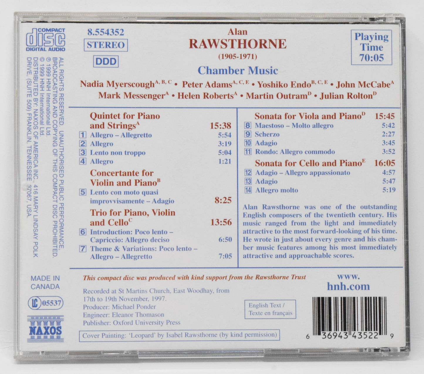 Alan Rawsthorne Piano Quintet Trio Chamber Music CD