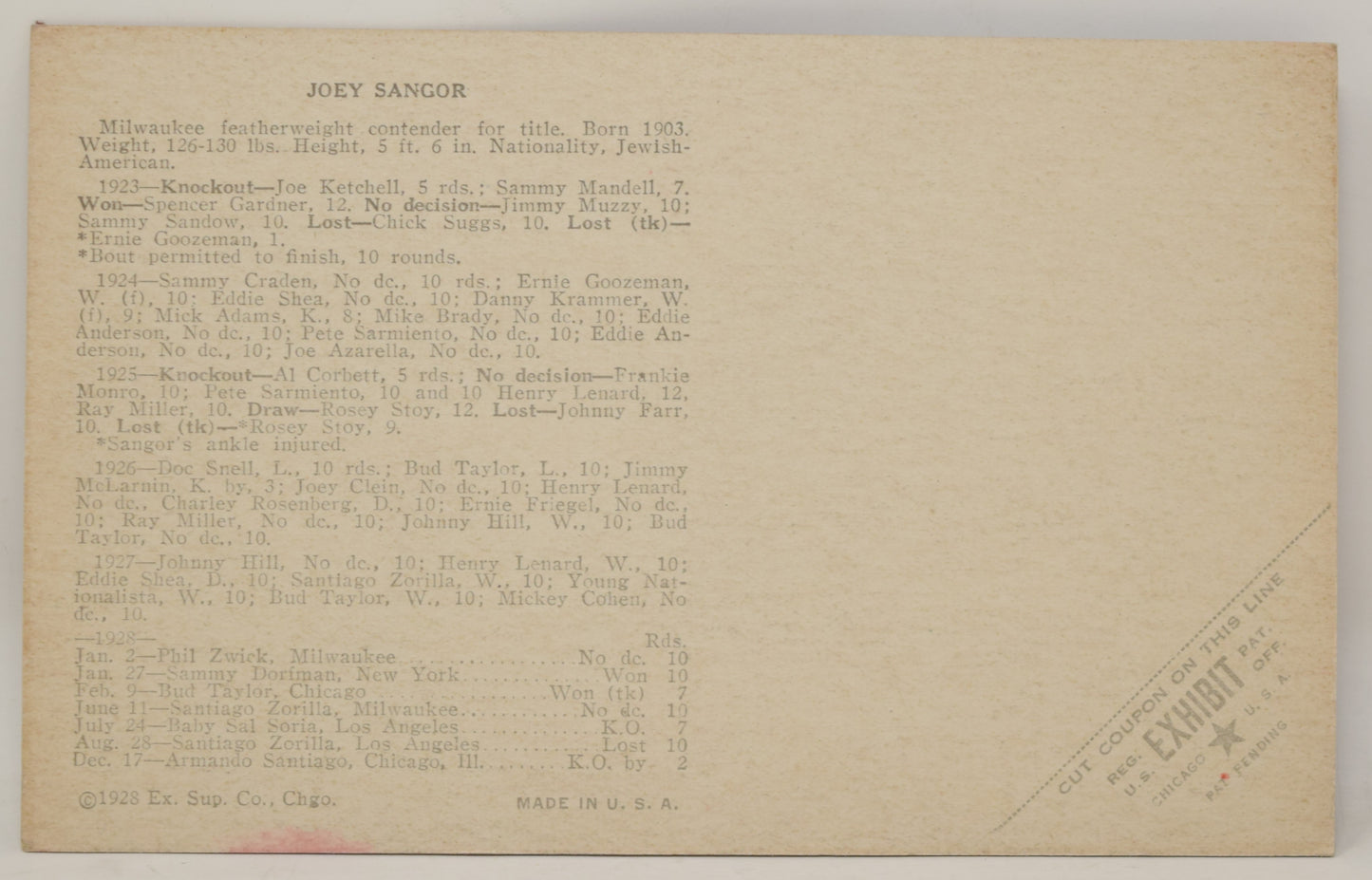 Joey Sanger Boxing Exhibit Card Postcard Penny Arcade Red Photo 1928 5 x 3